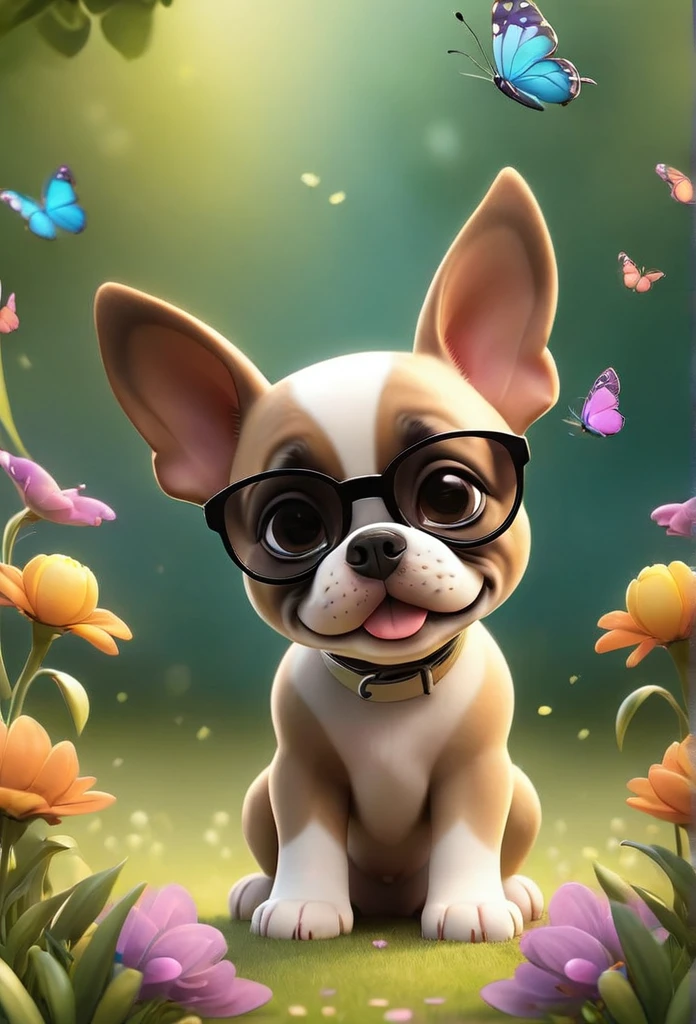 Adorable small tan boston Terrior puppy playing at park, wearing sunglasses playing at park butterflies and flowers in background 3D Pixar style
