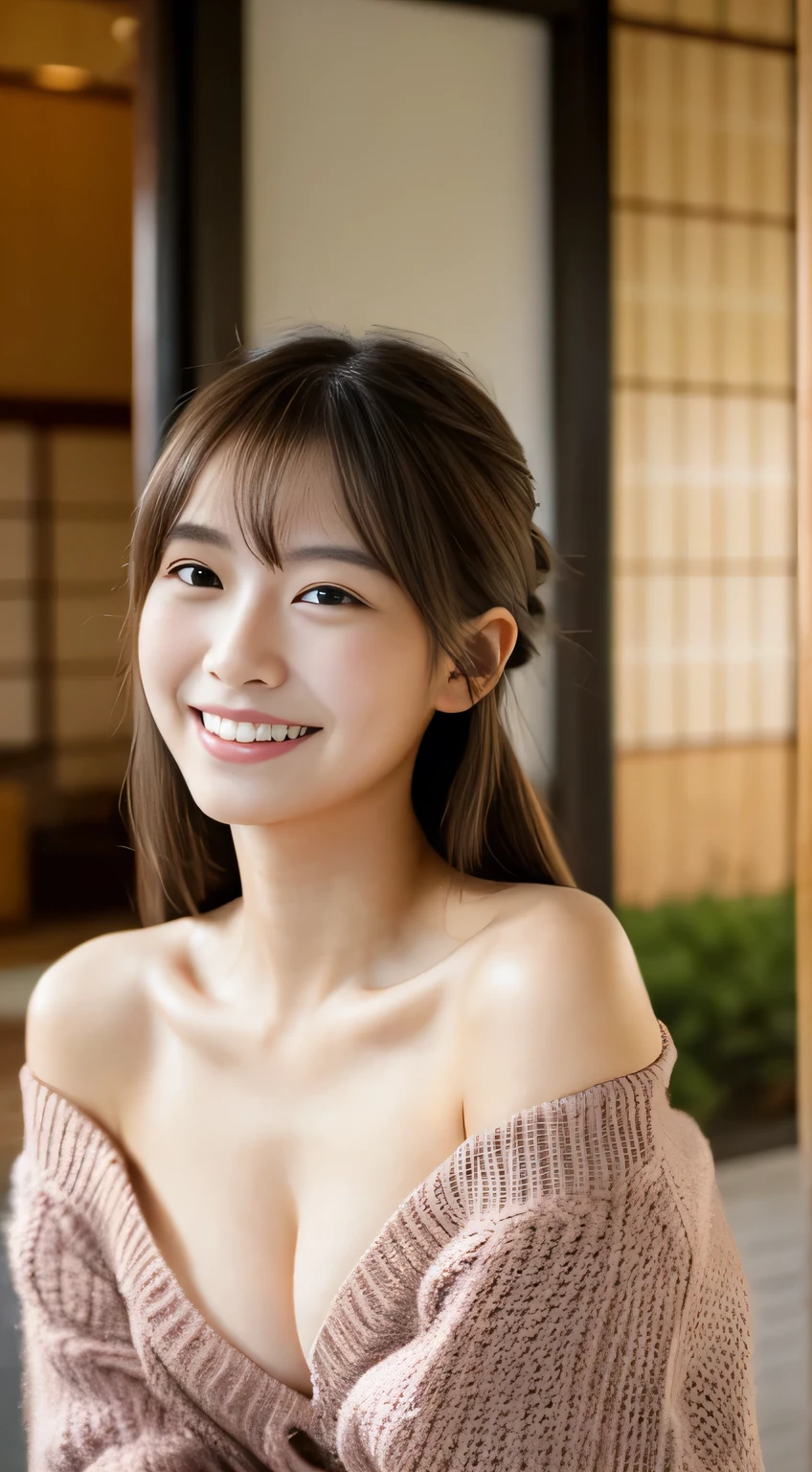 masterpiece,best quality,(Japanese girl),((Beautiful girl)),cleavage,(off shoulder:1.3),indoor,(perfect body beauty:1.2),(shy smile),beautiful teeth,