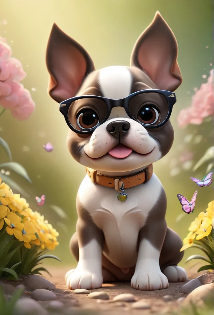 Adorable small tan boston Terrior puppy playing at park, wearing sunglasses playing at park butterflies and flowers in background 3D Pixar style