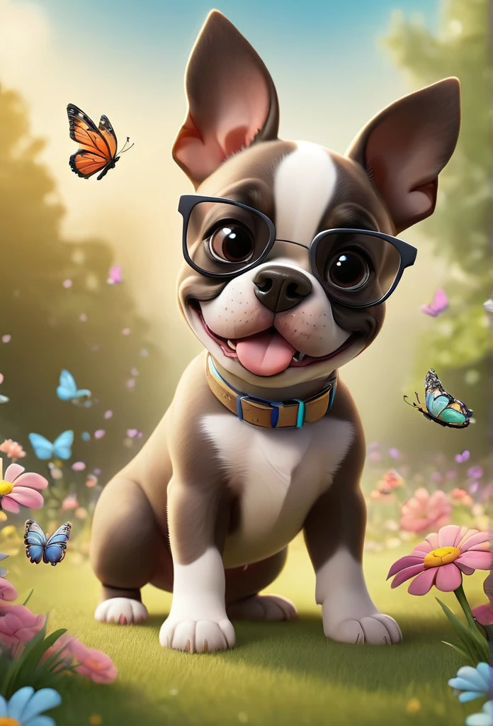Adorable small tan boston Terrior puppy playing at park, wearing sunglasses playing at park butterflies and flowers in background 3D Pixar style