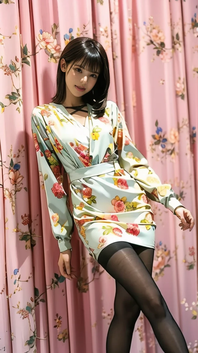 ((masterpiece)),(((Highest quality))),Thin thighs,Long legs,whole body:1.5,(One Girl:1.3),(Black pantyhose and thick pointy heels:1.3),(Wearing a floral miniskirt dress:1.2),Short Blonde:1.2、Model pose,