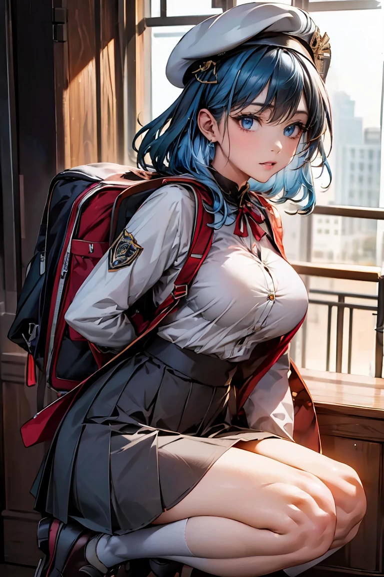 (masterpiece), ((Highest quality)), (masterpiece,Highest quality,Official Art,Highly detailed CG Unity 8K wallpapers)、Beautiful Japanese Woman、Detailed face、Smooth Skin、Big Breasts、((Bob Hair:1.8、Light blue hair))、"High school girl in a futuristic uniform。Wearing a monochrome tight-fitting blazer、Metallic buttons and school crest on left chest。Below is the、He is wearing a clean white shirt with hidden buttons.、The collar and cuffs have thin lines。The skirt is a knee-length A-line skirt.、Does it have the same simple stripes as the blazer?、You may be wearing tight-fitting straight pants of the same pattern.。Shoes must be black or dark grey sneakers、Includes silver accents。As an accessory、A tie or ribbon in school colors、Lightweight and multifunctional backpack with reflectors、We also have caps and berets that can be used during extracurricular activities.。The material of the uniform is temperature regulating、Antifouling、Has antibacterial properties。"