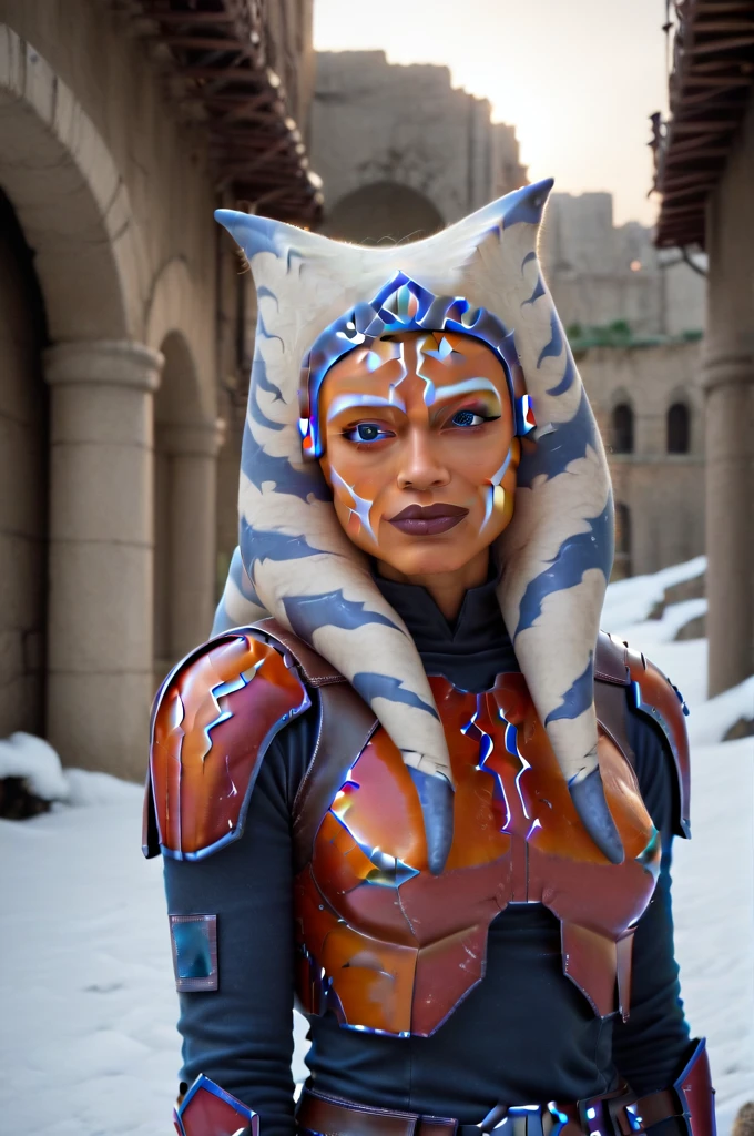 a ((fall body)) ((Ahsoka))) (()) (())mandalorian,walking on snow coverd ruins , ((green fire eyes )) , beautiful detailed eyes, beautiful detailed lips, extremely detailed face, long eyelashes, mandalorian armor, sci-fi, cinematic lighting, dramatic, epic, intricate details, hyper-realistic, 8k, high-quality, photorealistic
