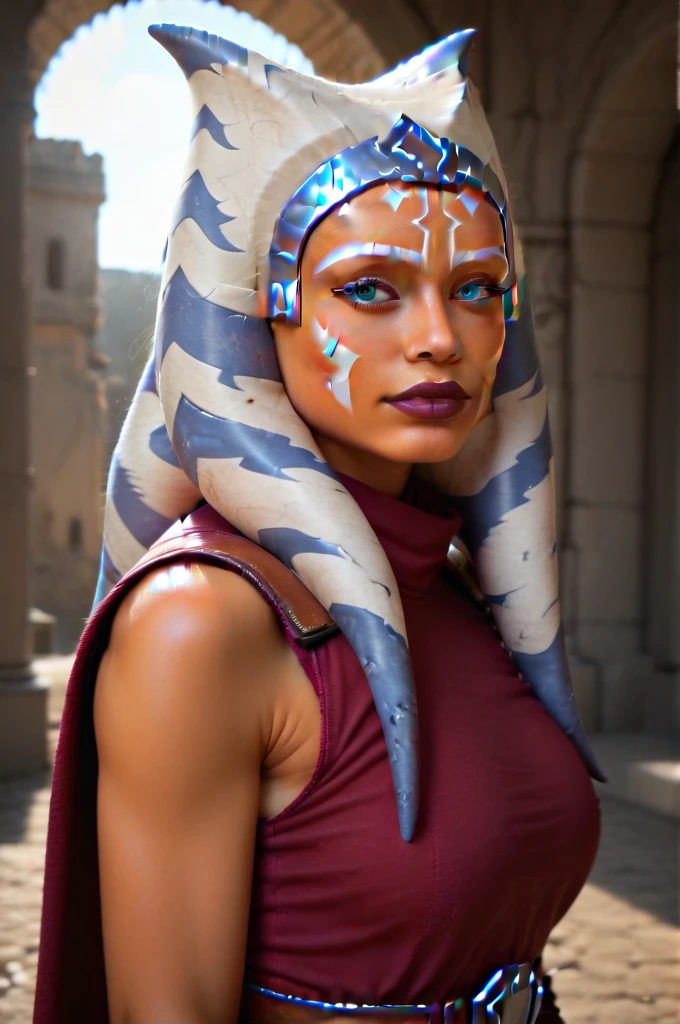 a ((fall body)) ((Ahsoka))) (()) (())mandalorian,walking on snow coverd ruins , ((green fire eyes )) , beautiful detailed eyes, beautiful detailed lips, extremely detailed face, long eyelashes, mandalorian armor, sci-fi, cinematic lighting, dramatic, epic, intricate details, hyper-realistic, 8k, high-quality, photorealistic
