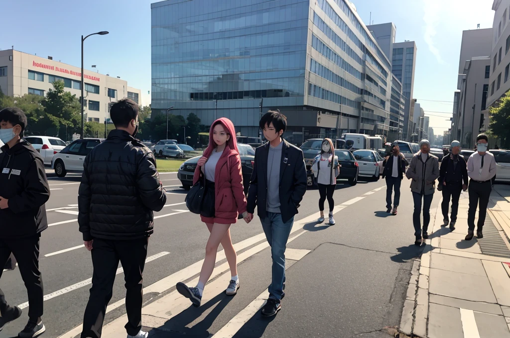 There were a lot of people walking in front of the hospital.