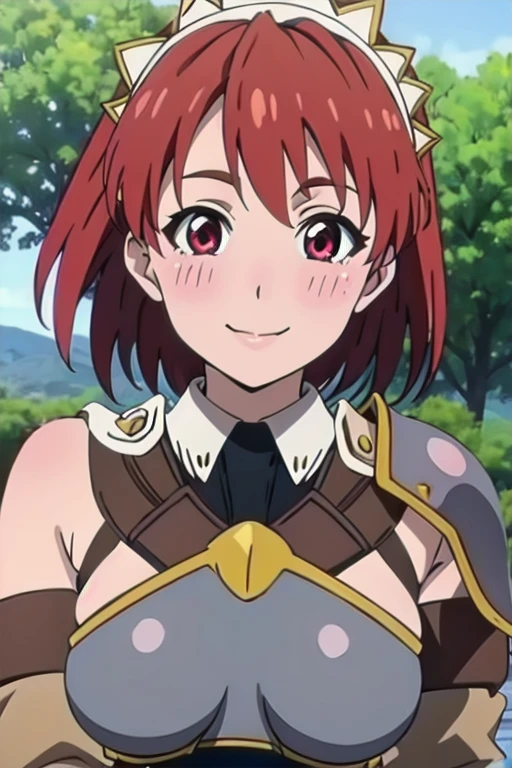 Cecily Campbell, big breasts, armor, breastplate, gloves, red hair, red eyes, 1girl, solo, looking at viewer, upper body, blush, smile, sunny weather, outdoors, close-up