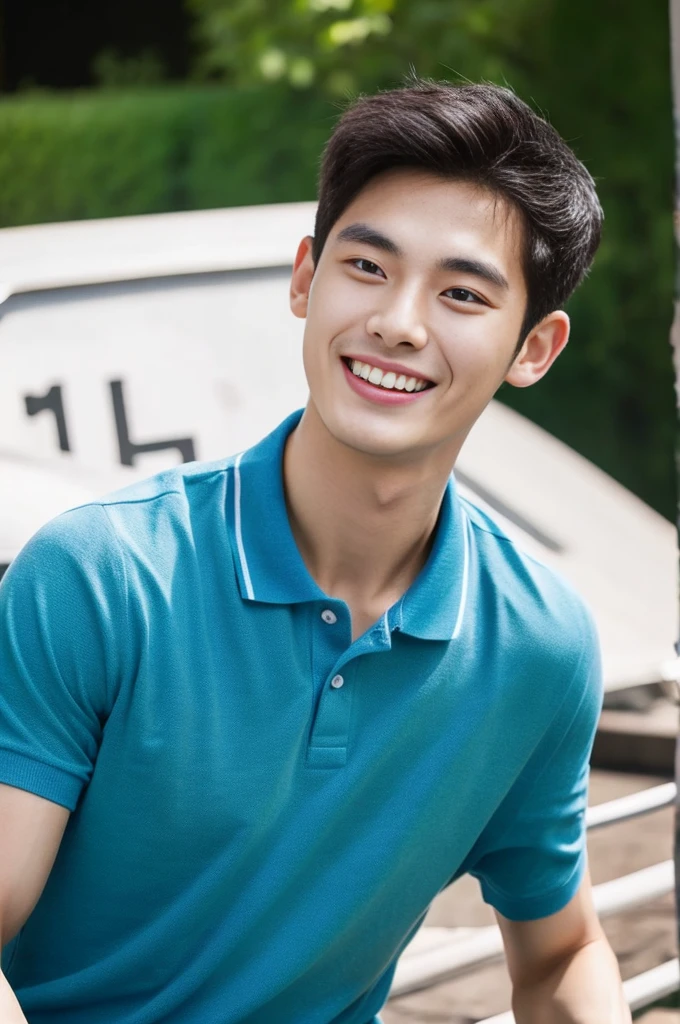 Korean man, Inspiration from Peng Yuyan, 23 years old, Korean muscular man ,The studio is in the back, a tight polo shirt., open mouth smile