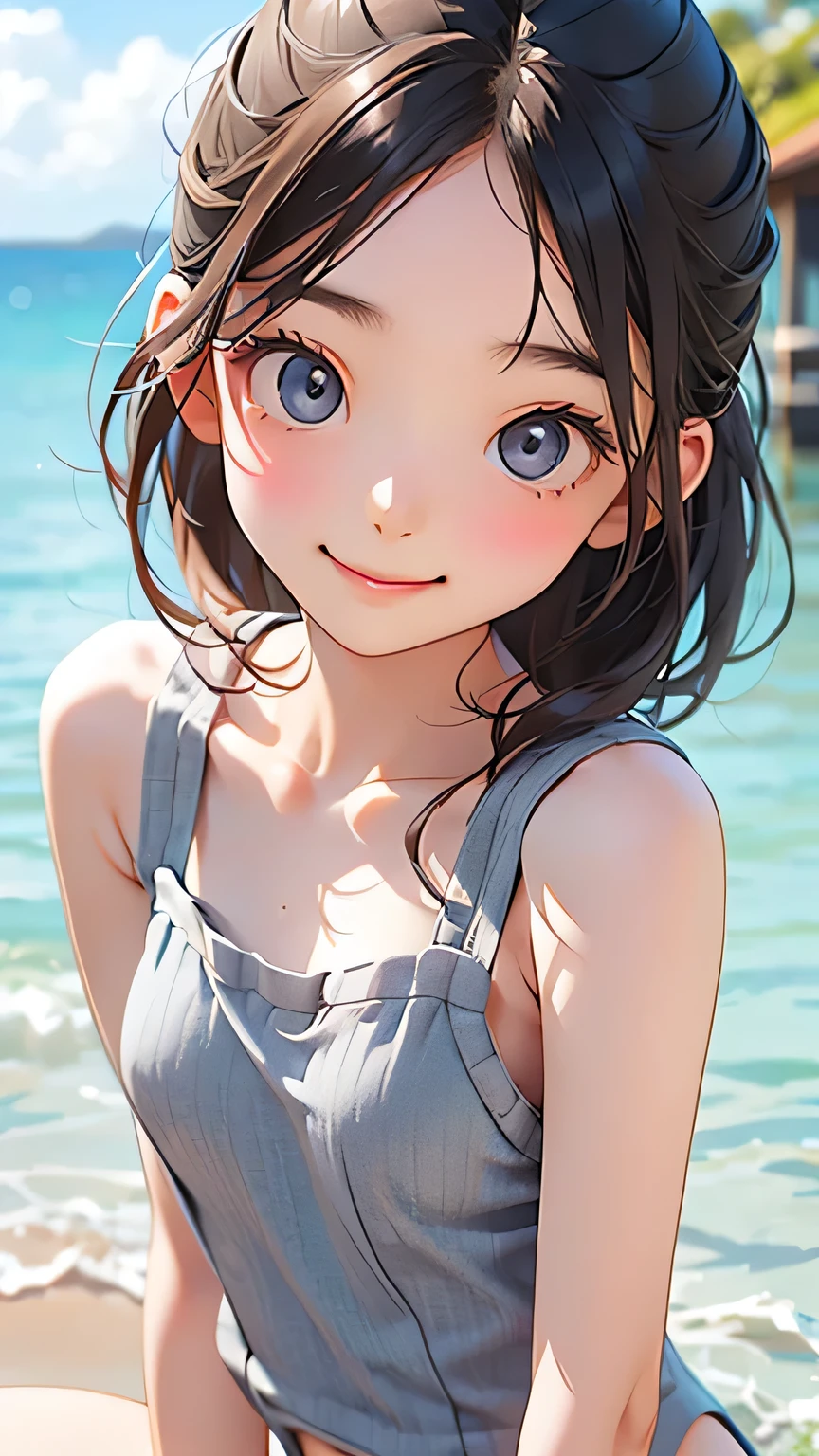 Highest quality、Realistic、girl、zoom、cute、Grey Eyes、Chestnut Hair、Back to all、the forehead is protruding、Light blue swimsuit、Ocean、Looking down、Big smile、Dark Skin、Bust Shot、slender