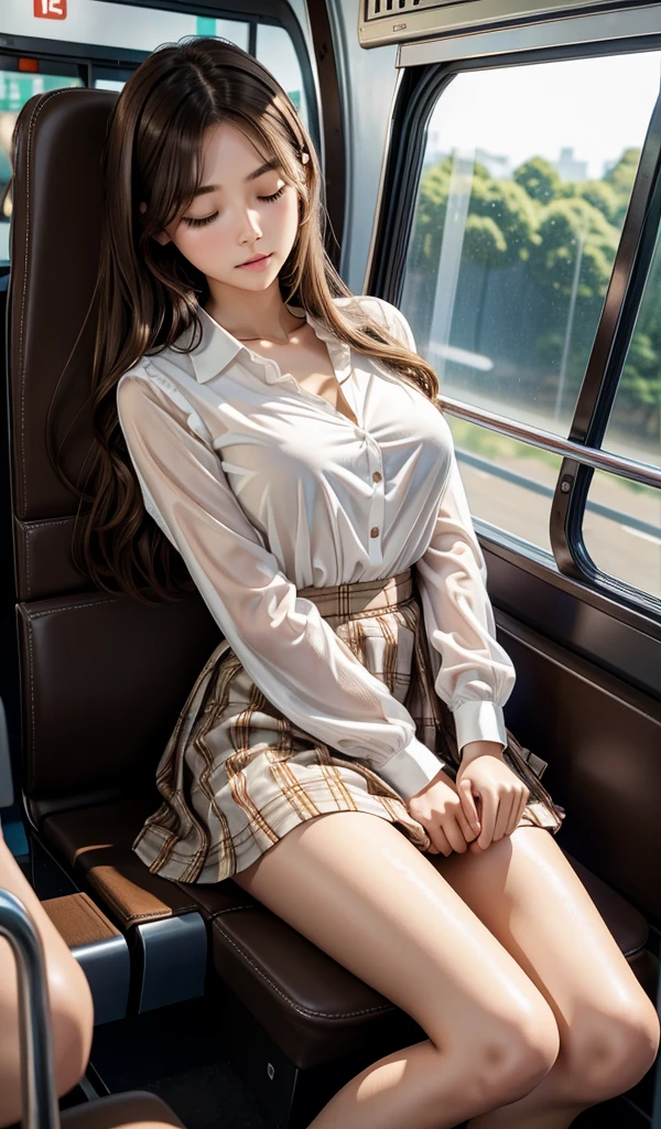 20-year-old women,,Clear images、Real women　、Brown Hair, Medium Hair〜Half-up、She is sleeping soundly with her mouth open.., Slim figure ,Breasts are a little bigger than normal , Head to toe full body shot, Shiny white high heels、 Blouse with ribbon on the chest、Checkered mini skirt, Sit comfortably in the back of the bus, 、私 threw my head back and fell into a deep sleep..,Arms hanging down. I&#39;m exhausted on the way home after work..Sleeping like the dead.My knees are open, Both feet are on the floor, sleeping face, close your eyes, Mouth wide open and drool、Tilt your head back and look up, I can rest my head on the seat and sleep soundly..., Anatomically correct,Composition looking up from the front 