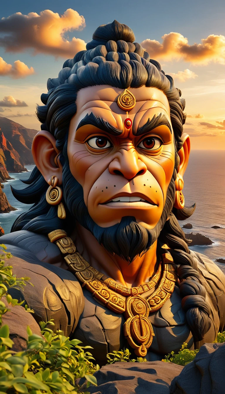 (biopunk) Cliff lord Hanuman face sculpted to resemble the letters "ॐ" nestled in a rugged terrain, overlooking a serene ocean at sunset, shadows playing across the textured surface, contrast between the dark cliff and the golden sky, wisps of clouds gently dancing overhead, natural light, ultra realistic, breathtaking surreal masterpiece