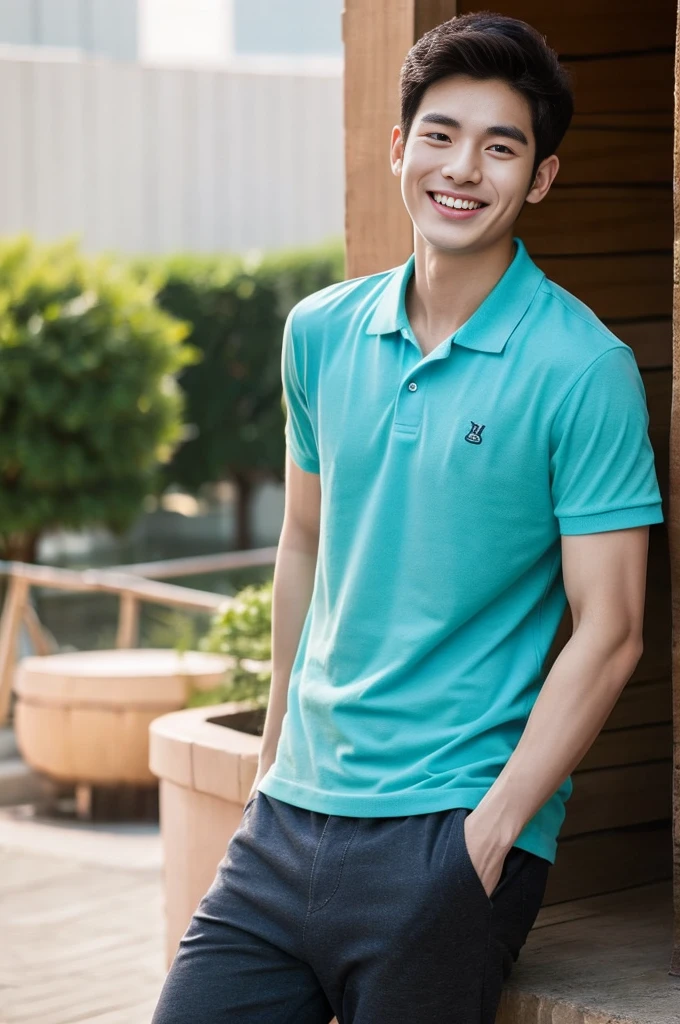 Korean man, Inspiration from Peng Yuyan, 23 years old, Korean muscular man ,The studio is in the back, a tight polo shirt., open mouth smile