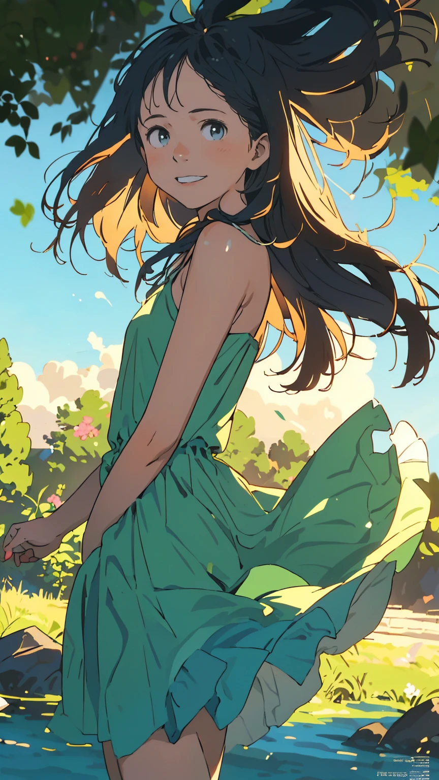 Affordable design, Clear lines, High Sharpness, (Highest quality,8k,Perfect sharpness,Ultra fine,High resolution,masterpiece:1.2), Perfect Anatomy:1.5, Official Art, Illustrations that tell a story, (Whitish background:0. 9)、Body Positivity、多Mr.な身体表現、(Random and energetic poses)、Perfect beauty、Perfect beautiful face、Strong winds、A rich expression、Dynamic composition、smile、Golden ratio composition、colorful、((Mr.々Different angles and perspectives))、Anime Art、(Mini dress)、(Overcoming stereotypes)、 Glowing Skin、(Natural beauty)、smile、Bangs、(Soft and flowing hair)、(countryside)、(Nostalgic atmosphere)、Show off your thighs、(Playful and carefree)、(多Mr.な民族のキャラクター)、(innocent attitude)、(Sunny atmosphere)、(The skirt flutters wildly in the wind)、(Bright colors)、Beautiful Eyes、(Embarrassing)、Braided Hair、Summer Scene、Smiling among flowers、Fashion magazine cover、Angle from behind、Angle from below、