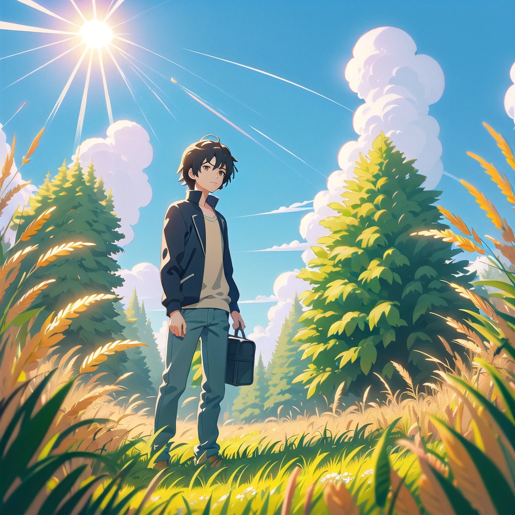 A man stood in a field full of tall golden grass, style of Shinkai Makoto, ( ( Shinkai Makoto ) ), Shinkai Makoto cyril rolando, Shinkai Makoto, in style of Shinkai Makoto, lofi stylestyle, Shinkai Makoto movie, lofi style, Studio Ghibli Sunshine