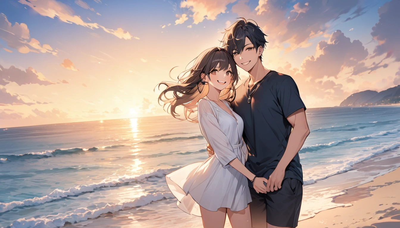 (Highest quality),Couple,smile,beach