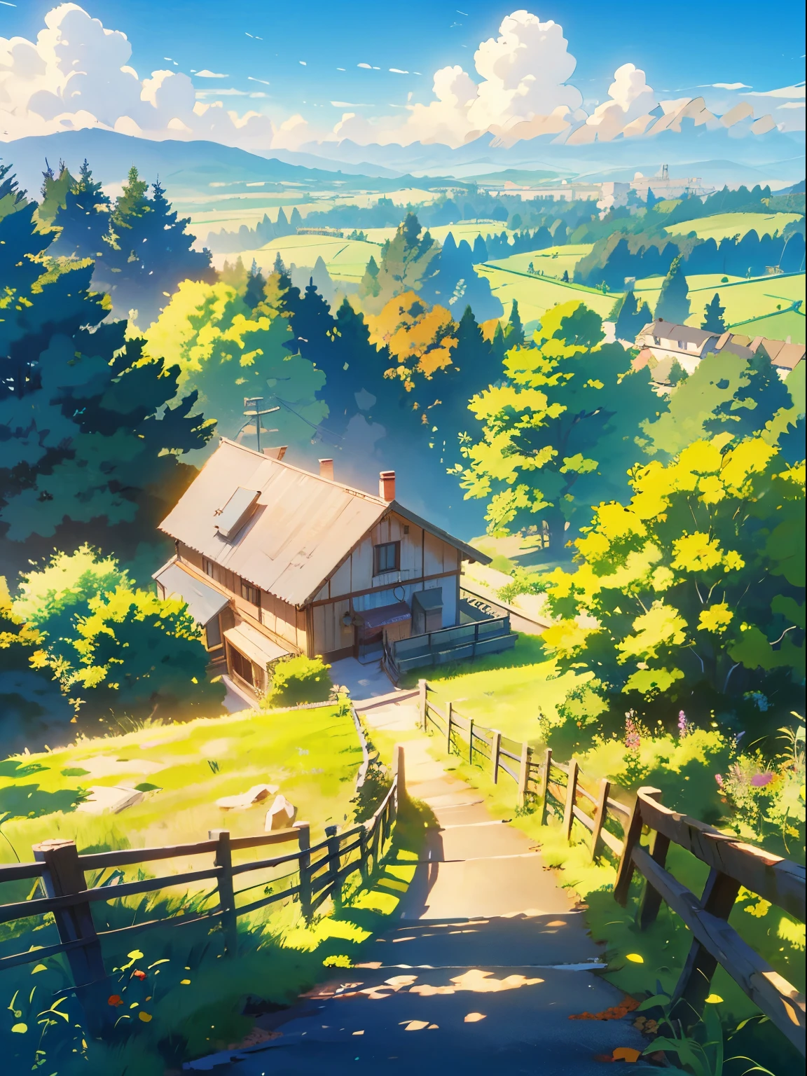 A grassy hill,There is a wooden fence on the hill, Studio Ghibli movie stills, Studio Ghibli movie stills, Anime rural scenery, Movies from Studio Ghibli, Studio Ghibli anime screenshots, View of Ghibli Studio, Studio Ghibli's fluid concept art, Studio Ghibli Environment, Studio Ghibli stills, Miyazaki's style, In Studio Ghibli animations, Studio Ghibli Sunshine, 4k HD,, Beautiful art UHD 4K, A beautiful artistic illustration, Beautiful digital painting, Highly detailed digital painting, Beautiful digital artwork, Detailed painting 4k, Highly detailed digital painting, The colors are brilliant and rich, Gorgeous numbers