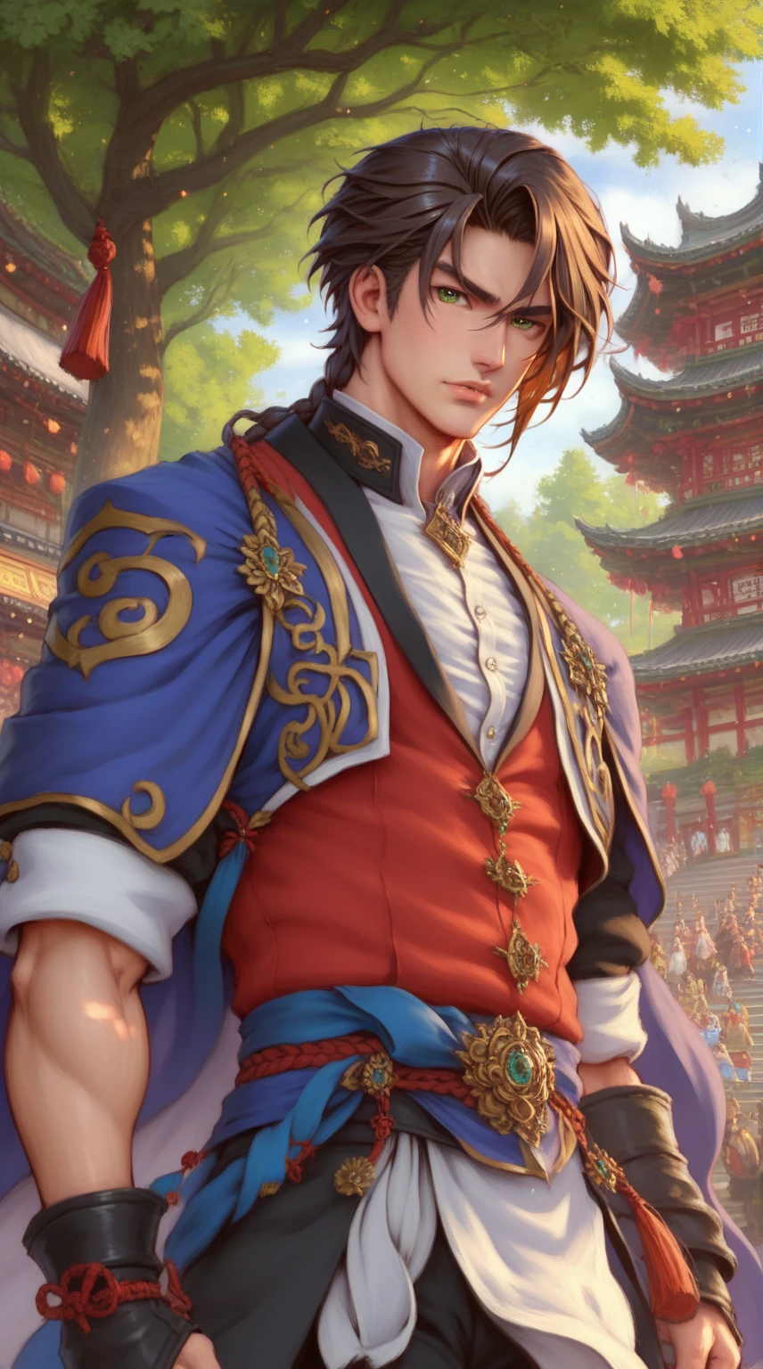 absurdities, High resolution, ultra detailed, HdR, masterpiece, Extremely detailed face and eyes, Dark brown hair, fringe, bushy eyebrows, serious, expressive green eyes, straight hair, detailed eyes, LOOKING AT THE SPECTATOR, 1 man, 30 year old man, Dark brown hair, rasgos masculines, elegant, mongolian clothing con detalles verdes, masculine, mongolian clothing, nature background, nature magician, collar masculine de hechicero, beefy chest, Complete plan