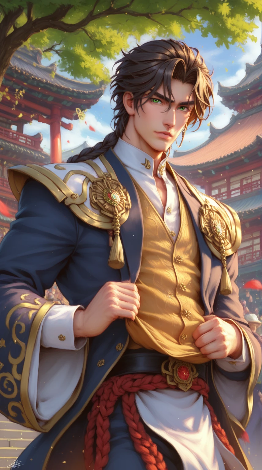 absurdities, High resolution, ultra detailed, HdR, masterpiece, Extremely detailed face and eyes, Dark brown hair, fringe, bushy eyebrows, serious, expressive green eyes, straight hair, detailed eyes, LOOKING AT THE SPECTATOR, 1 man, 30 year old man, Dark brown hair, rasgos masculines, elegant, mongolian clothing con detalles verdes, masculine, mongolian clothing, nature background, nature magician, collar masculine de hechicero, beefy chest, Complete plan