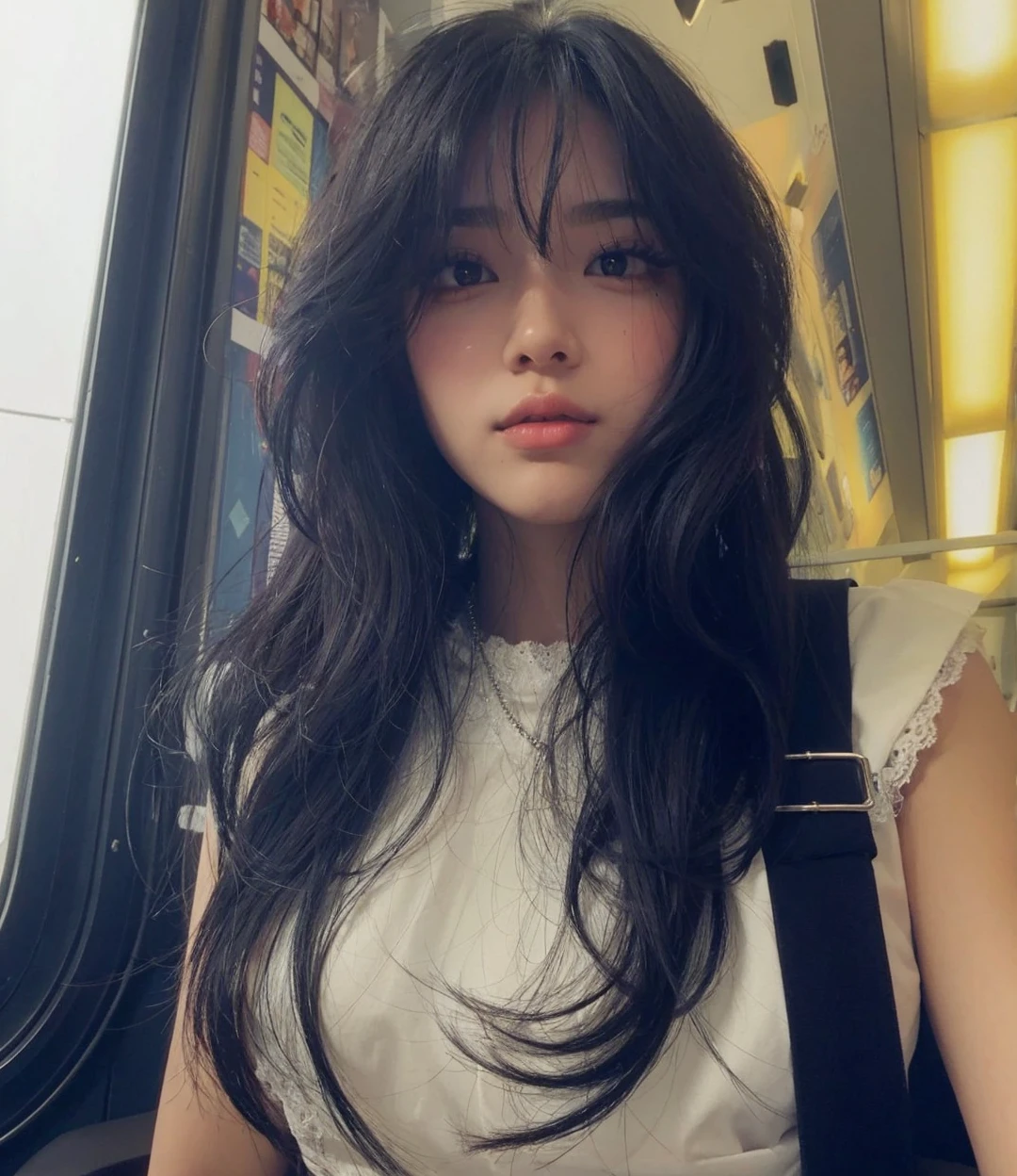 Pretty AI with eyelashes and pretty hair and a small black-haired nose