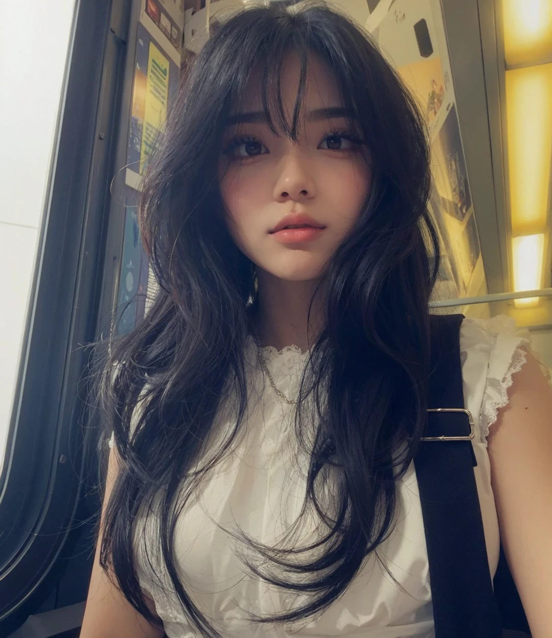 Pretty AI with eyelashes and pretty hair and a small black-haired nose