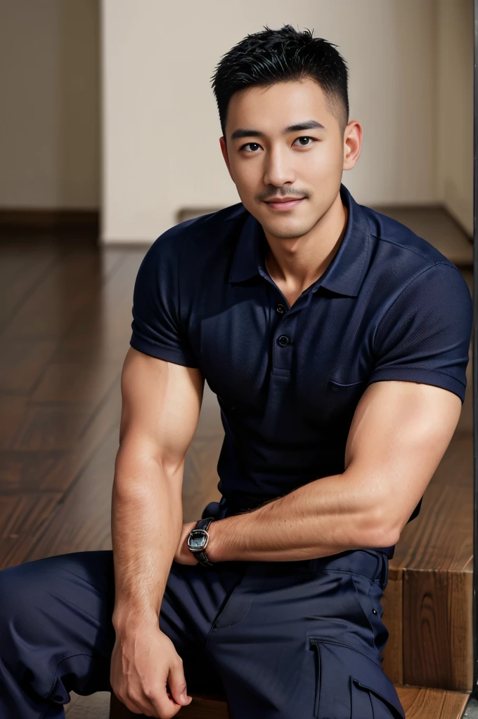 Masterpiece, best quality, high resolution, realistic, handsome, Take beautiful photos, A photo of a 35-year-old Gym Association member sitting on the floor. (The man has a thin mustache.) ,Full body, Portrait, standing on stairs, make military media, weight, Amazing , Buzzcut short hair,stubble head , (Hyper Muscle),looking at the audience, Flirt with the camera, charming, (Tight navy blue polo shirt Cargo pants ),(GS-Male:1), 8k,Bokeh,Portrait,look at the viewer, smile 