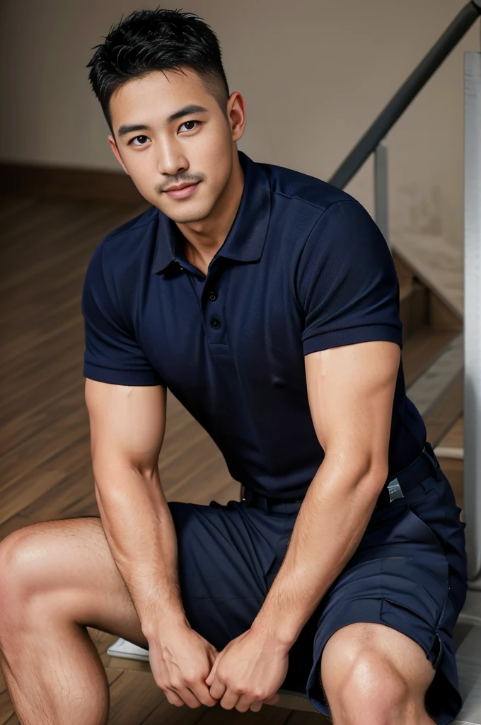 Masterpiece, best quality, high resolution, realistic, handsome, Take beautiful photos, A photo of a 35-year-old Gym Association member sitting on the floor. (The man has a thin mustache.) ,Full body, Portrait, standing on stairs, make military media, weight, Amazing , Buzzcut short hair,stubble head , (Hyper Muscle),looking at the audience, Flirt with the camera, charming, (Tight navy blue polo shirt Cargo pants ),(GS-Male:1), 8k,Bokeh,Portrait,look at the viewer, smile