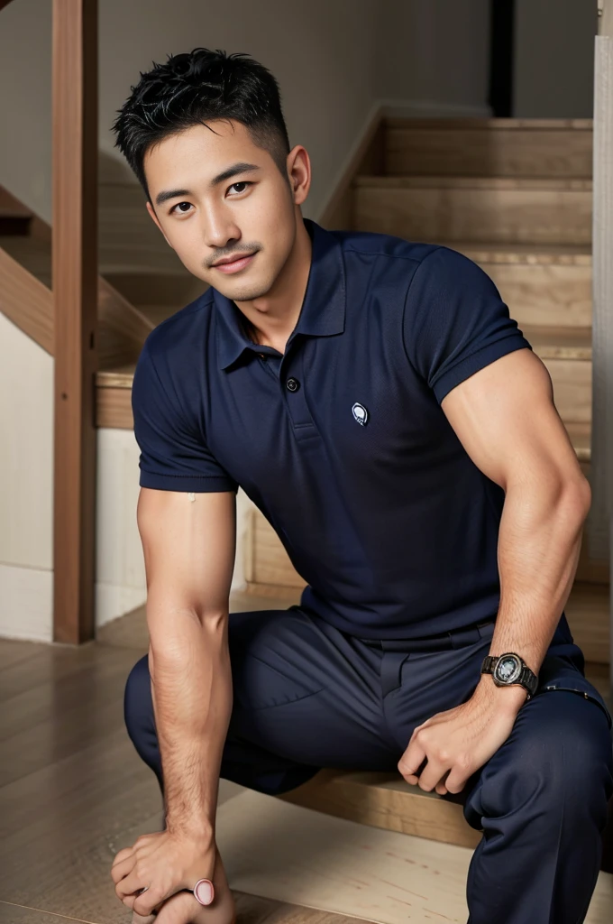 Masterpiece, best quality, high resolution, realistic, handsome, Take beautiful photos, A photo of a 35-year-old Gym Association member sitting on the floor. (The man has a thin mustache.) ,Full body, Portrait, standing on stairs, make military media, weight, Amazing , Buzzcut short hair,stubble head , (Hyper Muscle),looking at the audience, Flirt with the camera, charming, (Tight navy blue polo shirt Cargo pants ),(GS-Male:1), 8k,Bokeh,Portrait,look at the viewer, smile