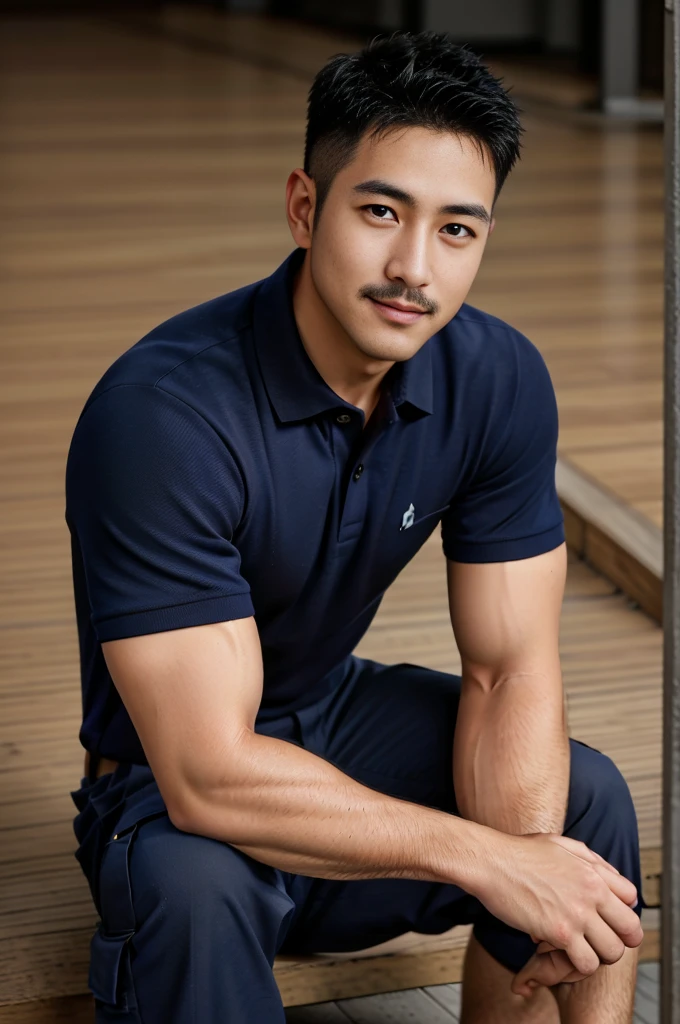 Masterpiece, best quality, high resolution, realistic, handsome, Take beautiful photos, A photo of a 35-year-old Gym Association member sitting on the floor. (The man has a thin mustache.) ,Full body, Portrait, standing on stairs, make military media, weight, Amazing , Buzzcut short hair,stubble head , (Hyper Muscle),looking at the audience, Flirt with the camera, charming, (Tight navy blue polo shirt Cargo pants ),(GS-Male:1), 8k,Bokeh,Portrait,look at the viewer, smile 