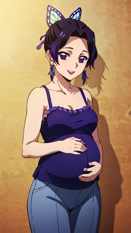 (Top Quality, 8K, High Resolution, Masterpiece: 1.2), Anime Art Style, Shinobu Kocho, 1 Girl, Perfect Face, Perfect Eyes, Soft Expression, Medium Breasts, Purple Hair, Natural Lips, Short Hair, Pretty Parted bangs, purple eyes, narrow eyes, large butterfly hair clip, ((camisole, pants, earrings, smile, cowboy shot)), viewer appreciation, pregnant
