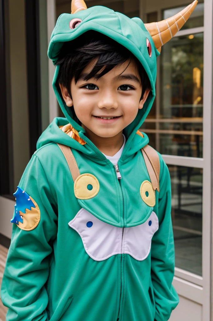 An anime boy dressed in adorable dino costume