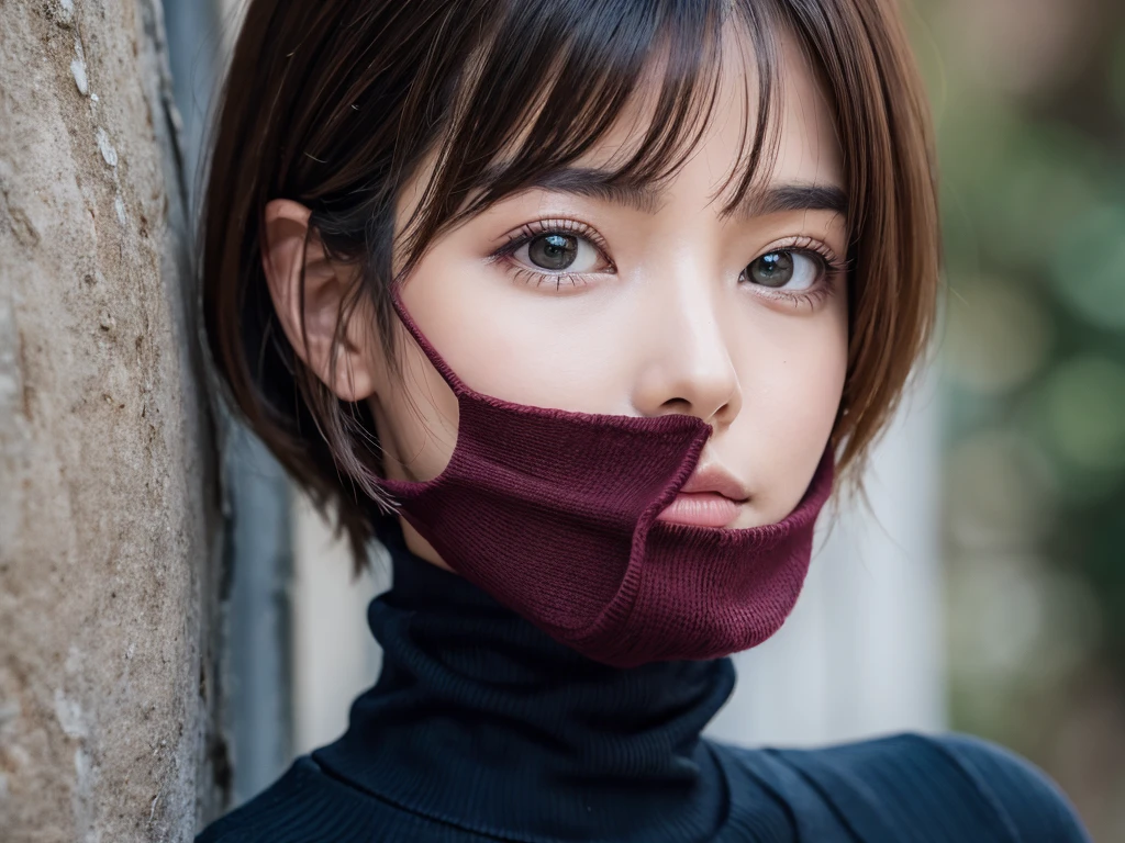 (((masterpiece, best quality,ultra-detailed,8k,high resolution))), (upper body),24 years old , 1girl, short hair, (((put on Turtleneck to cover the half face)))