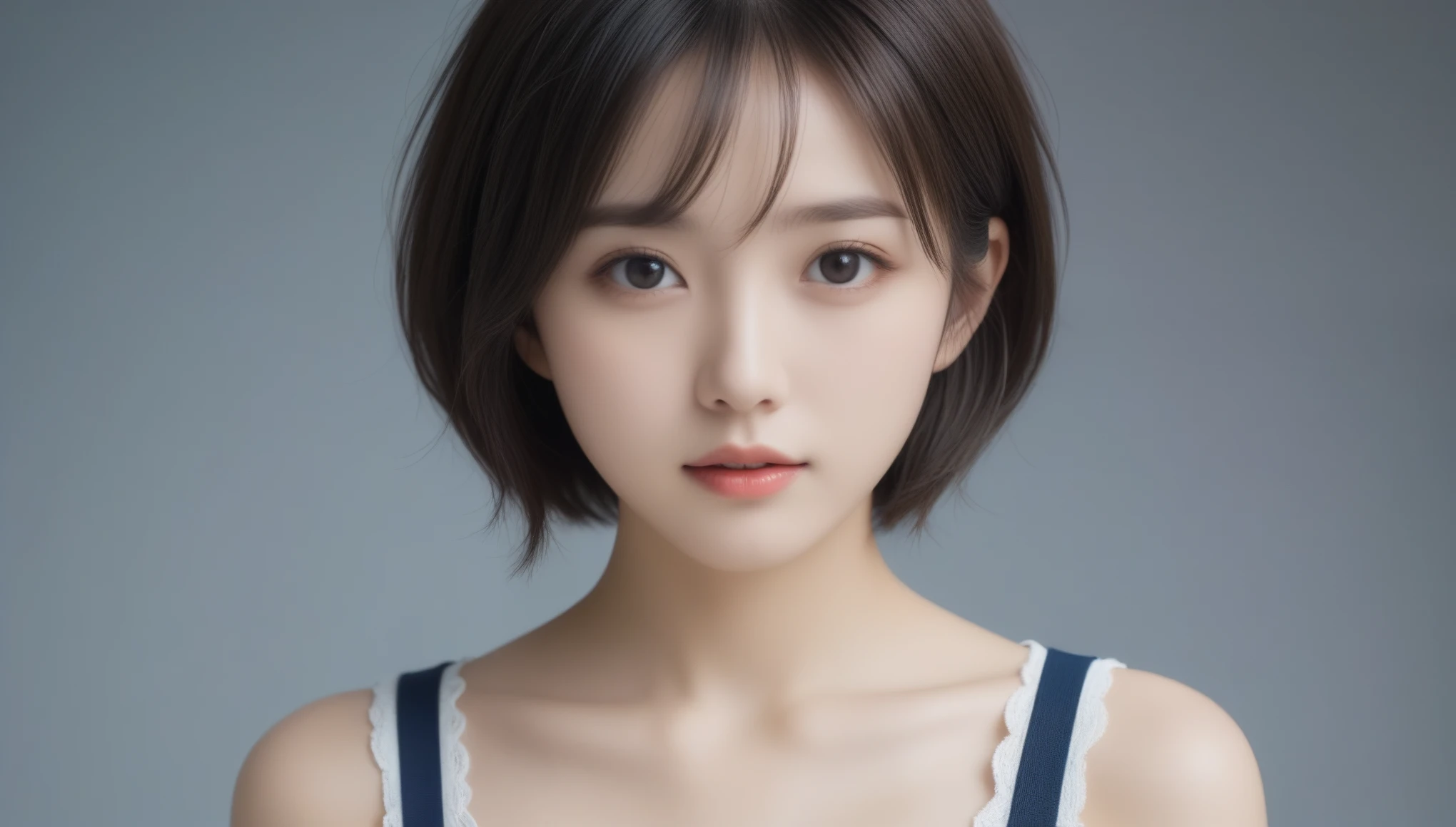 8k, Ultra-high resolution, Highest quality, masterpiece, 三分割法によるphotograph,Surreal, photograph, 1 Girl, (:1.3), pretty girl, Cute Face, Beautiful eyes in every detail, 細かくdetailedに,masterpiece,One Girl:1.2, Japan Female Announcer,upper body,from below,sad,streaming tears,Black short hair,Messy hair,(black suit:1.3),mourning clothes,(印象派の美しい少女のPortraiture), (Gray background:1.3),(Impressionist light and colour),Realistic Skin, Perfect and beautiful face ,完璧でCute Face, Skin with attention to detail, Perfect limbs、Narrow waist,Looking at the audience、beauty,Long neck,clavicle,(((Ideal body type))),A cup small breasts :2,Portraiture:2,Perfect Anatomy,鮮明なdetailed,detailed,Surreal,Light and shadow,spotlight