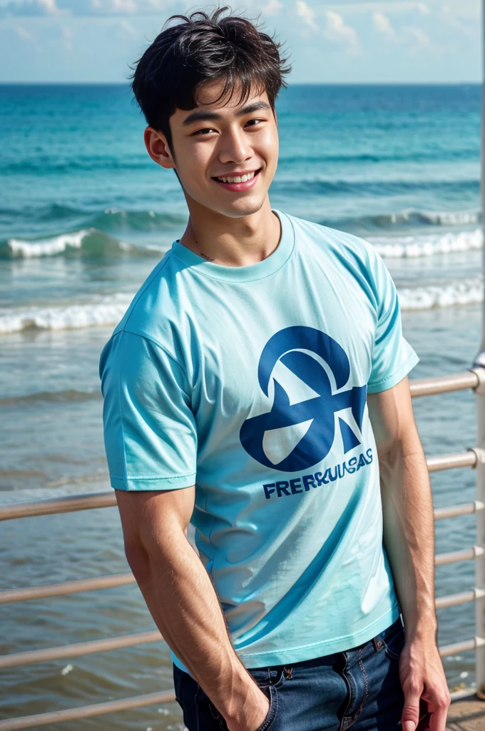 (best quality, 4K, 8k, high resolution, Masterpiece: 1.2), Special details, (realistically, As realistic as a photo, photo realistic: 1.37), Edge lighting, Extra detailed coloring, sharp focus, Physical rendering ,Extremely detailed description,professional,light color,Bokeh,Portrait,look at the viewer, sea beach,
Young Asian man, 20 years old ,(Wear a T-shirt), smile