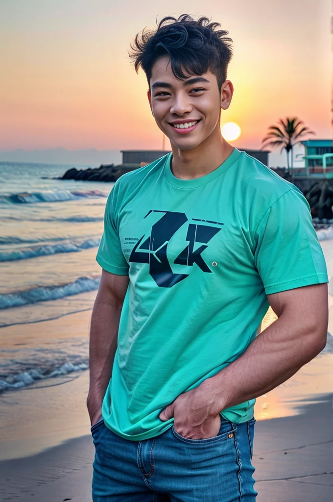 (best quality, 4K, 8k, high resolution, Masterpiece: 1.2), Special details, (realistically, As realistic as a photo, photo realistic: 1.37), Edge lighting, Extra detailed coloring, sharp focus, Physical rendering ,Extremely detailed description,professional,light color,Bokeh,Portrait,look at the viewer, sea beach,
Young Asian man, 20 years old ,(Wear a T-shirt), smile