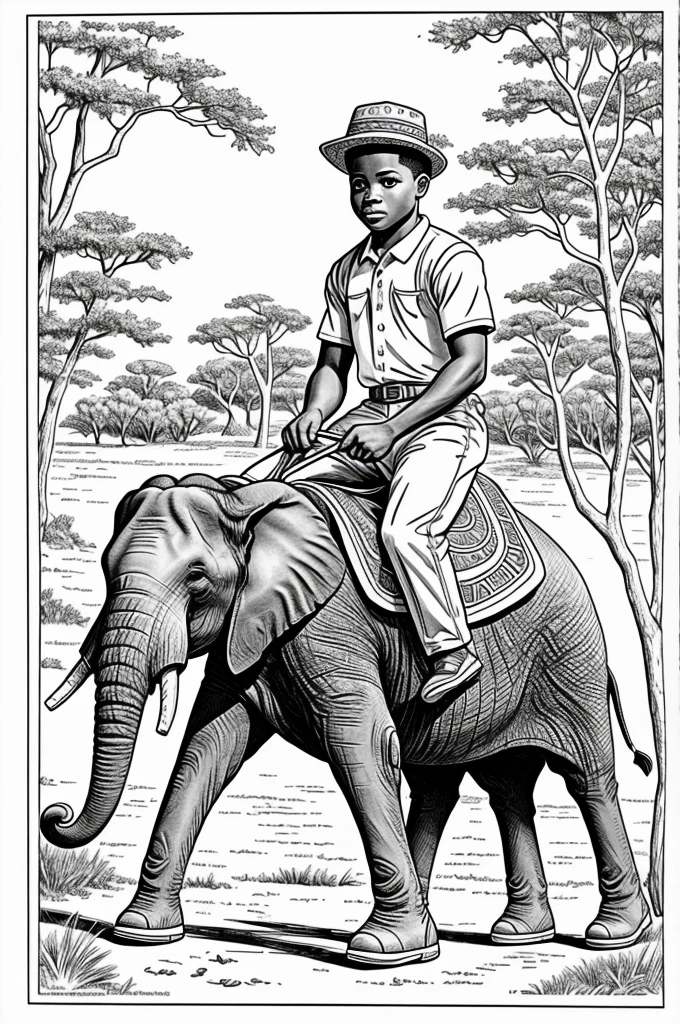 Coloring book page of African American boy riding an elephant 
