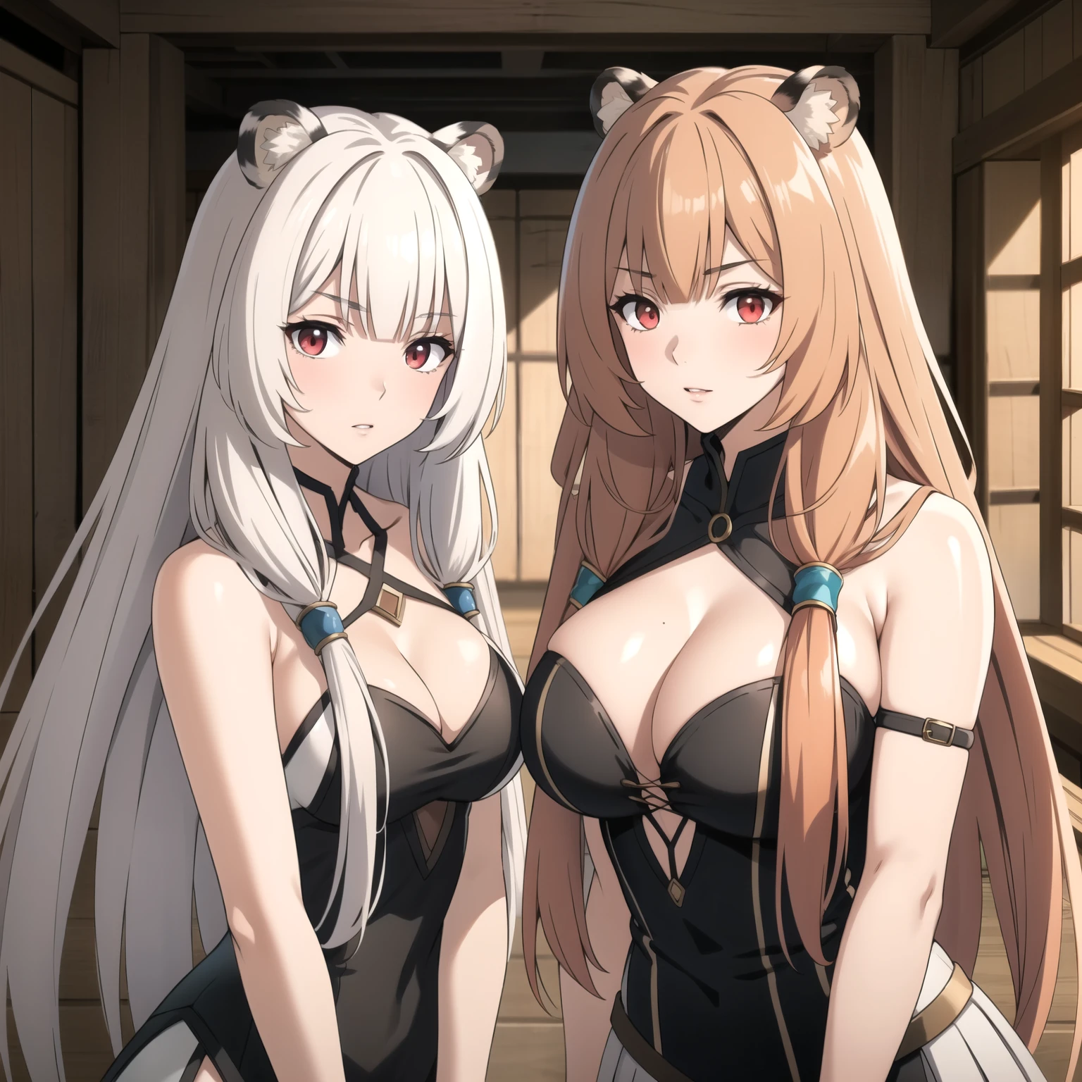 two women woman Raphtalia, orange hair red eyes and bear ears big breasts,  next to another woman, Atlas Fayon woman 40 years old, white hair with black stripes ,white tiger ears,