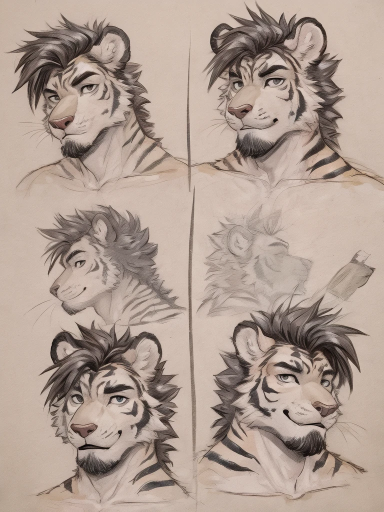 (high quality, highres, anime style), male, tiger, jock, masculine jawline, hunk, seductive, closeup, short curtain hairstyle, curtain haircut, drawing, multiple headshots, sketches, six headshots, combed back top hair, looking directly at viewer, front view, head slightly tilted up, at least 3 sketches, parted hairstyle, brushed back hair