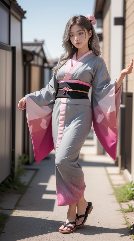 Cute Japanese woman, (16 years old), (very cute face), white moist skin, looking at the camera, (pink bright eyes: 1.4),
BREAK,
(parkour),(very beautiful berserker woman: 1.3),(dynamic pose: 1.3),
BREAK,
(wearing pink cute kimono: 1.3), (highly revealing kimono), very big earrings, short length,(has black grass tattoo on body: 1.3),
BREAK,
(very long hair), (light grey hair: 1.4), (wavy hair), (gradient hair: 1.3), (red tips: 1.3),
BREAK,
(realistic: 1.3), masterpiece, perfect lighting, (ultra high resolution), (8K), (highly detailed: 1.4), (from the front), (full body: 1.4), (symmetrical: 1.2), (one shot),
BREAK,
(large city in Japan: 1.2),