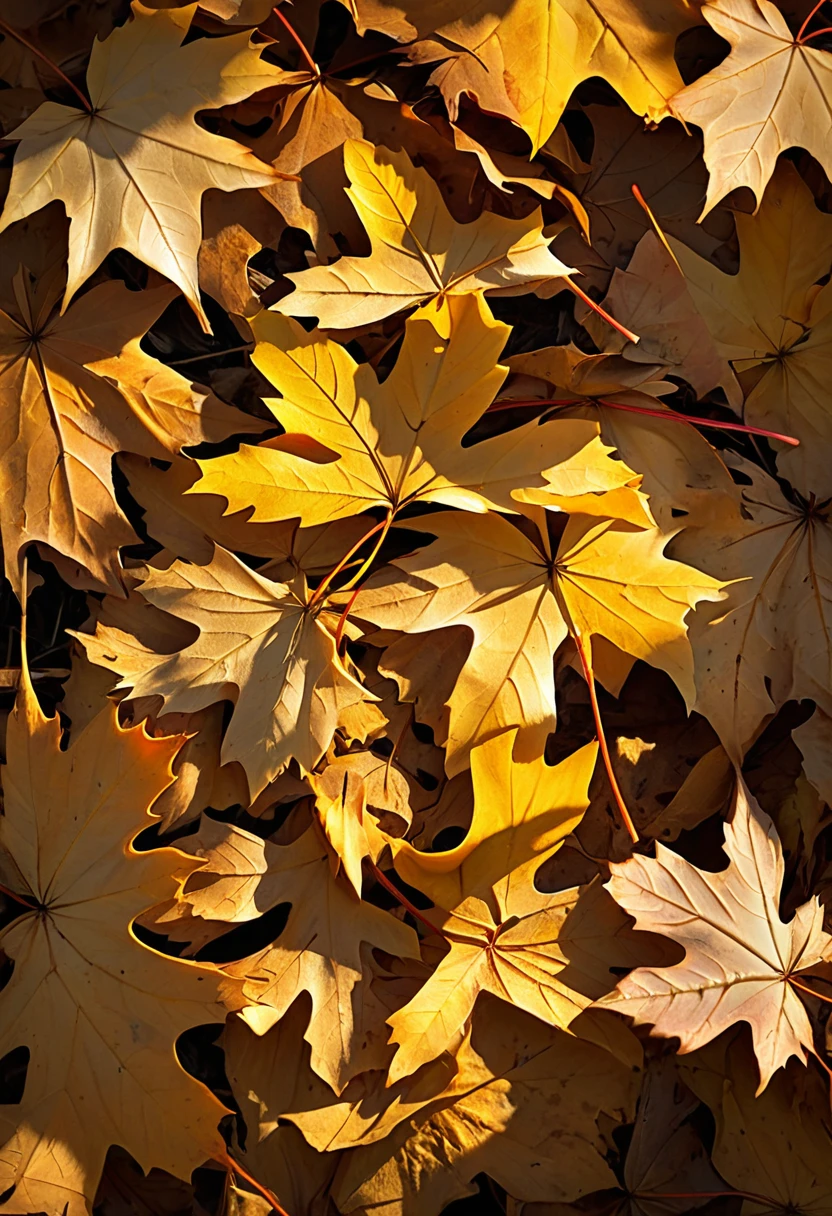 withered fallen maple leaves, autumn, poster style, best quality, masterpiece, golden light