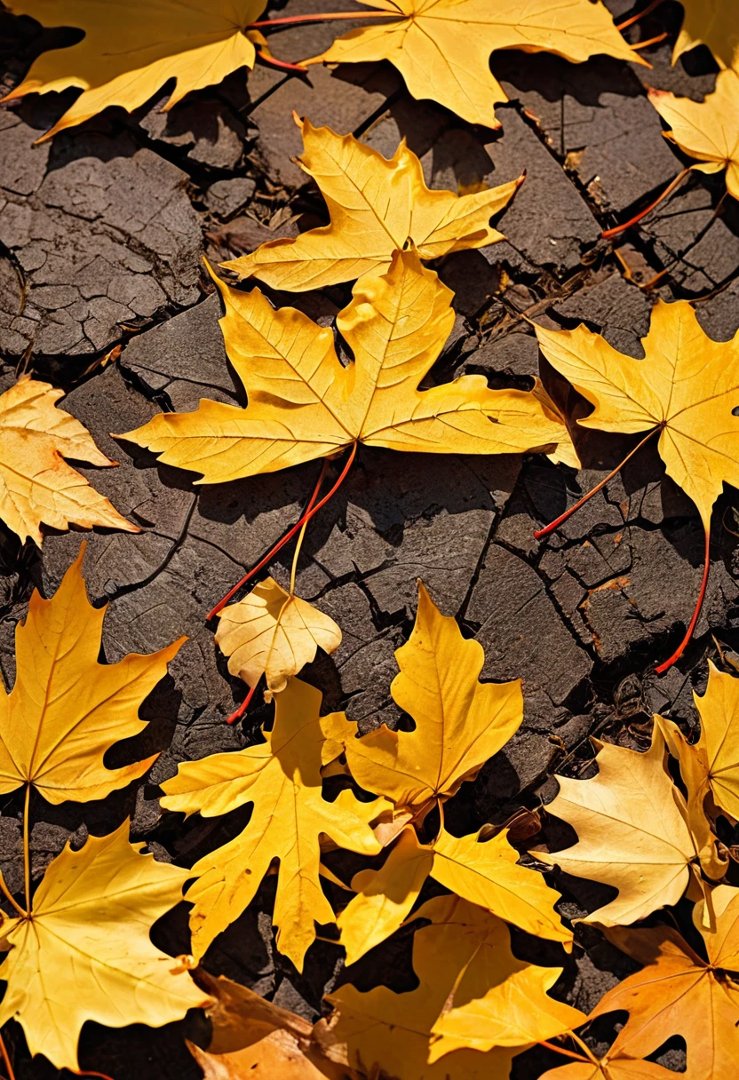 withered fallen maple leaves, autumn, poster style, best quality, masterpiece, golden light