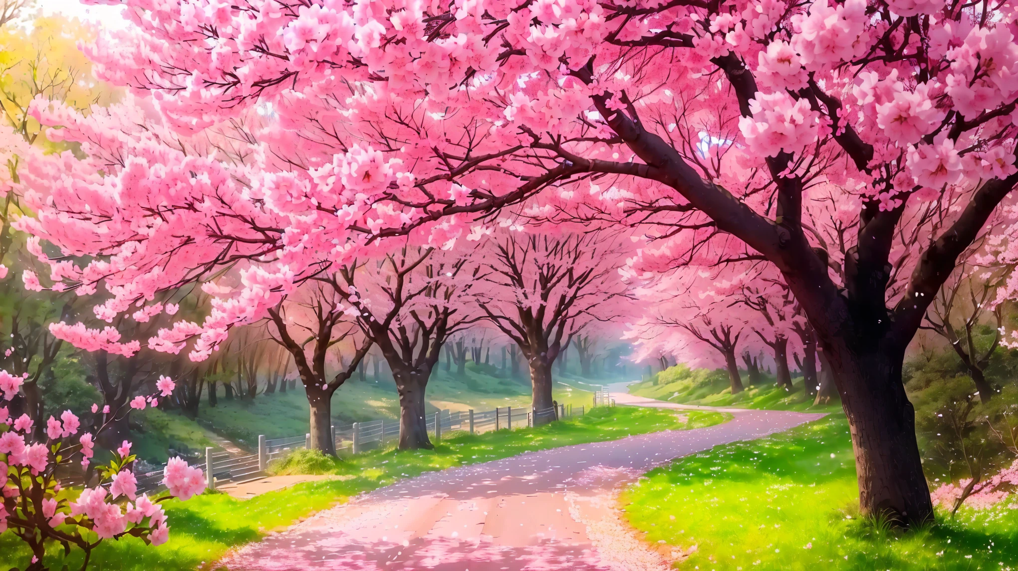 there is a path that has a bunch of pink flowers on it, cherry blossom forest, cherry blossom trees, pink trees, blossoming path to heaven, beatiful backgrounds, really beautiful nature, cherry trees, sakura trees, nature scenery, pink landscape, beautiful nature, lush sakura trees, nature wallpaper, cherry blossom tree, very beautiful photo, beautiful trees