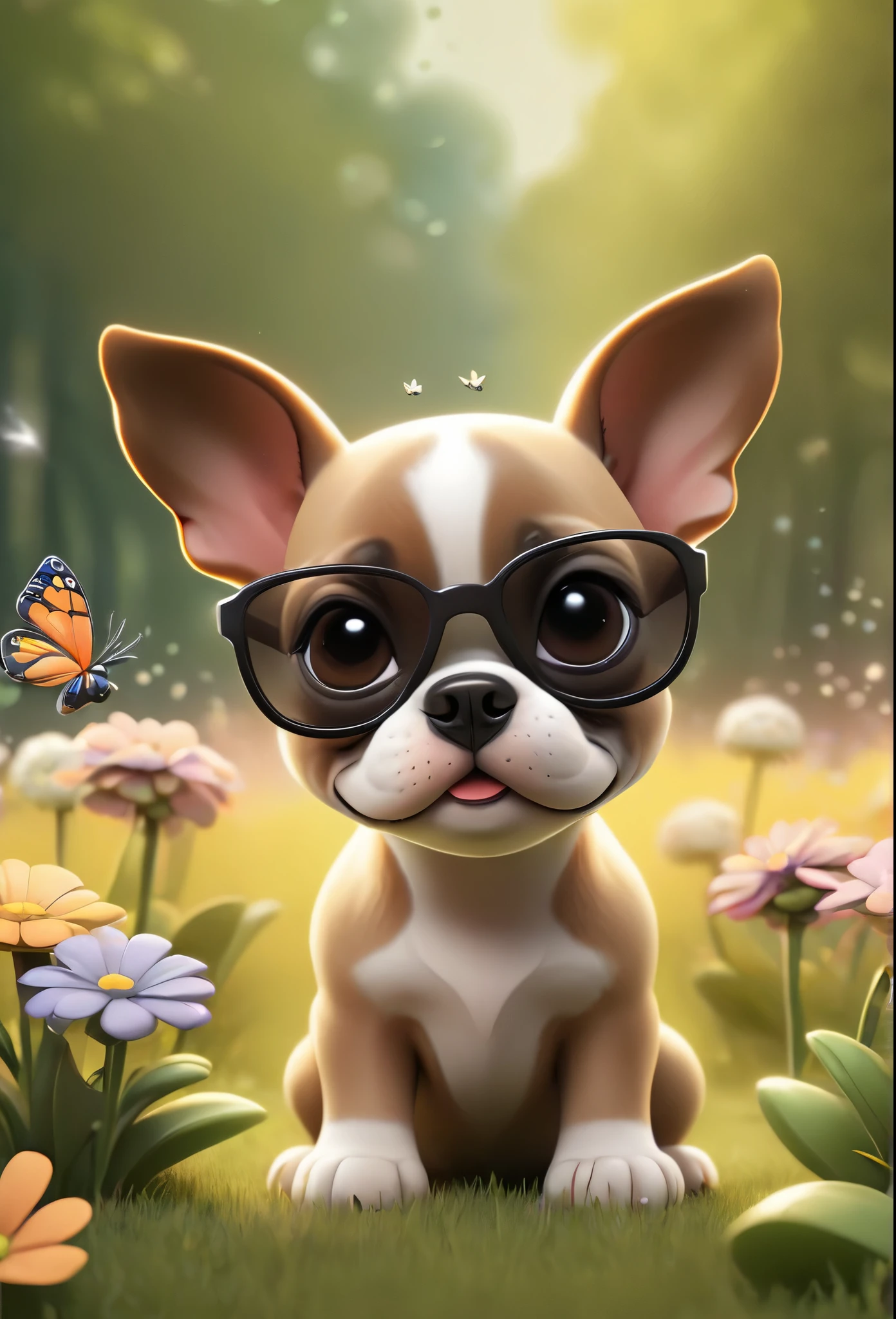 Adorable small tan boston Terrior puppy playing at park, wearing sunglasses playing at park butterflies and flowers in background 3D Pixar style