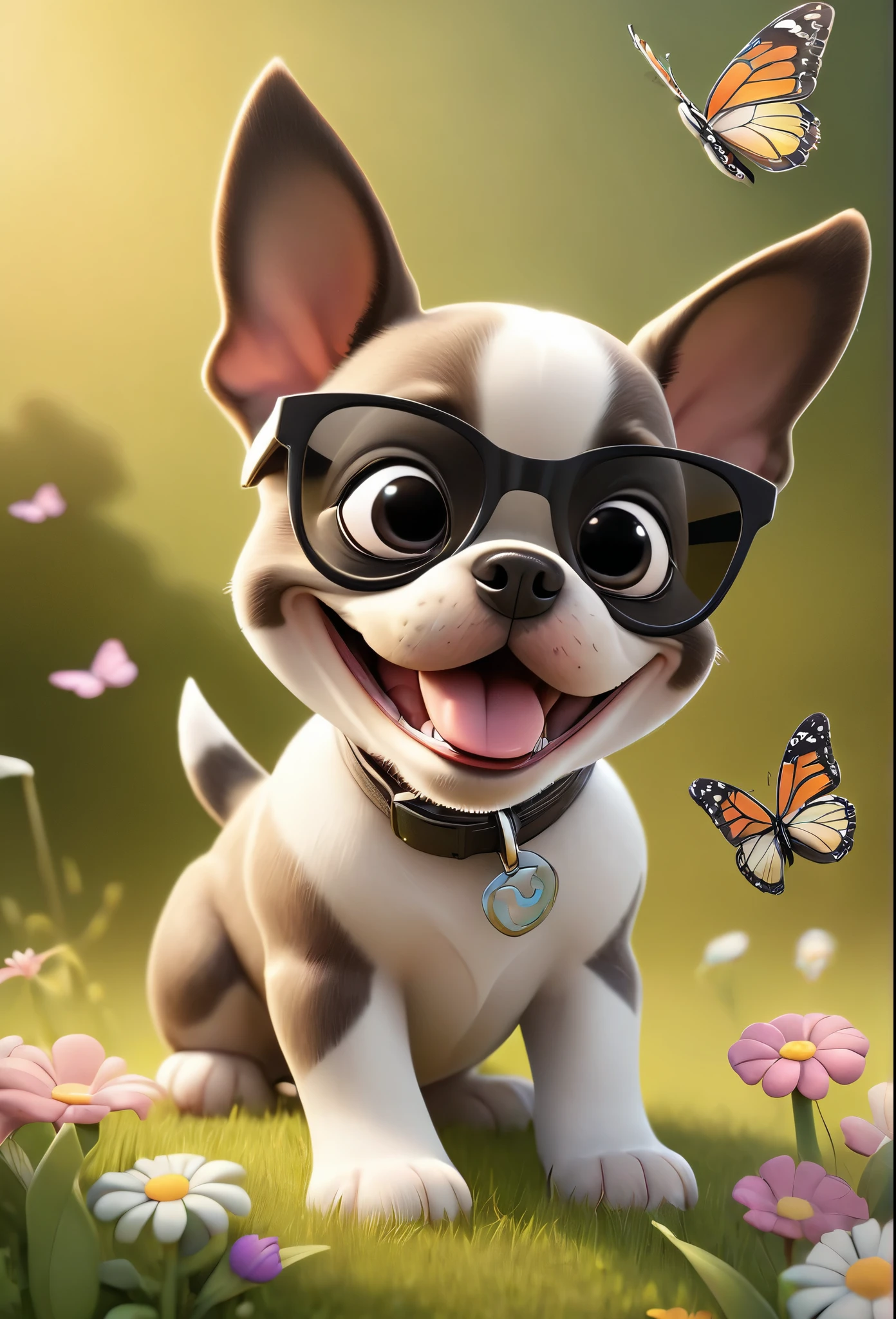 Adorable small tan boston Terrior puppy playing at park, wearing sunglasses playing at park butterflies and flowers in background 3D Pixar style