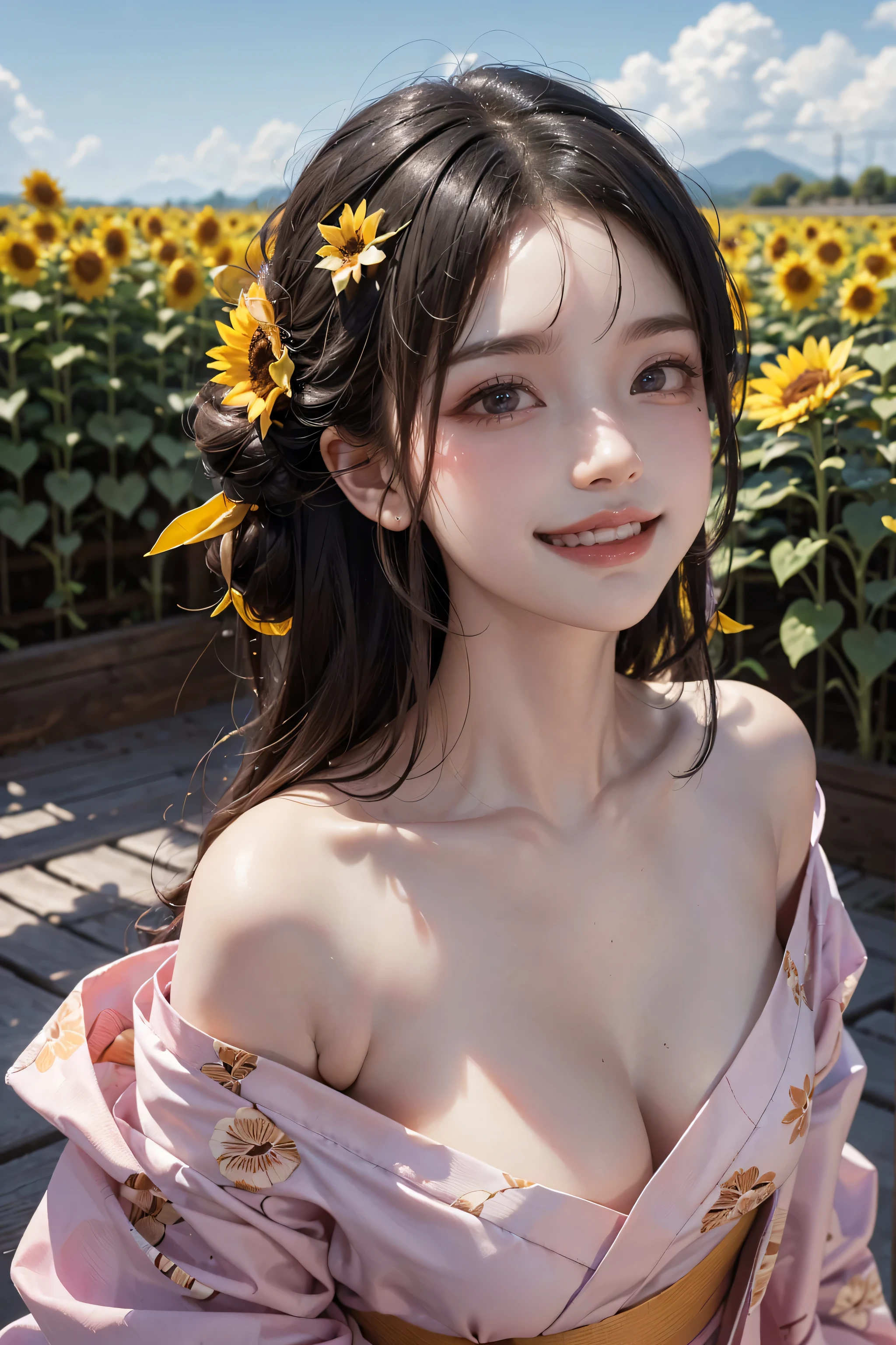 ((16K)),(masterpiece:1.3, Highest quality, Ultra-high resolution, Super detailed), (Realistic, photoRealistic:1.4), Perfect lighting, Depth of written boundary, Browsing Caution, Surrealism,Face Light,(( large breasts)),Beautiful detailed hair,((Beautiful eyelashes)), Beautifully detailed face, Beautiful fine details, Beautiful body, thin脚,Beautiful breasts, Beautiful feet, ((Beautiful nails)), ((Beautiful fingers)), thin, 1 girl, 23 years old,Perfect Face, Long eyelashes,Perfect Anatomy, Supermodel with a long neck,((Skinny1.3)),(Perfect Anatomy,Anatomically correct, Highly detailed skin), Shiny skin,((beautiful girl:1.1)),(Mid-length hair:1.4, Wavy Hair:1.2, half updo,Black Hair) ,((With bangs)),Dainty facial structure,((Happy smiling face with mouth wide open:1.3)),cowboy shot,female focus,((front view)),((wearing very elaborate (pink) yukata with traditional Japanese floral patterns:1.1)),The yukata is short in length, showcasing its vibrant and intricate design, Generate an image of a sunflower field during the daytime. The background should feature a bright blue sky with a few fluffy white clouds. The sunflowers should be tall and vibrant, with their yellow petals contrasting beautifully against the clear sky,((wide shot:1.3)),