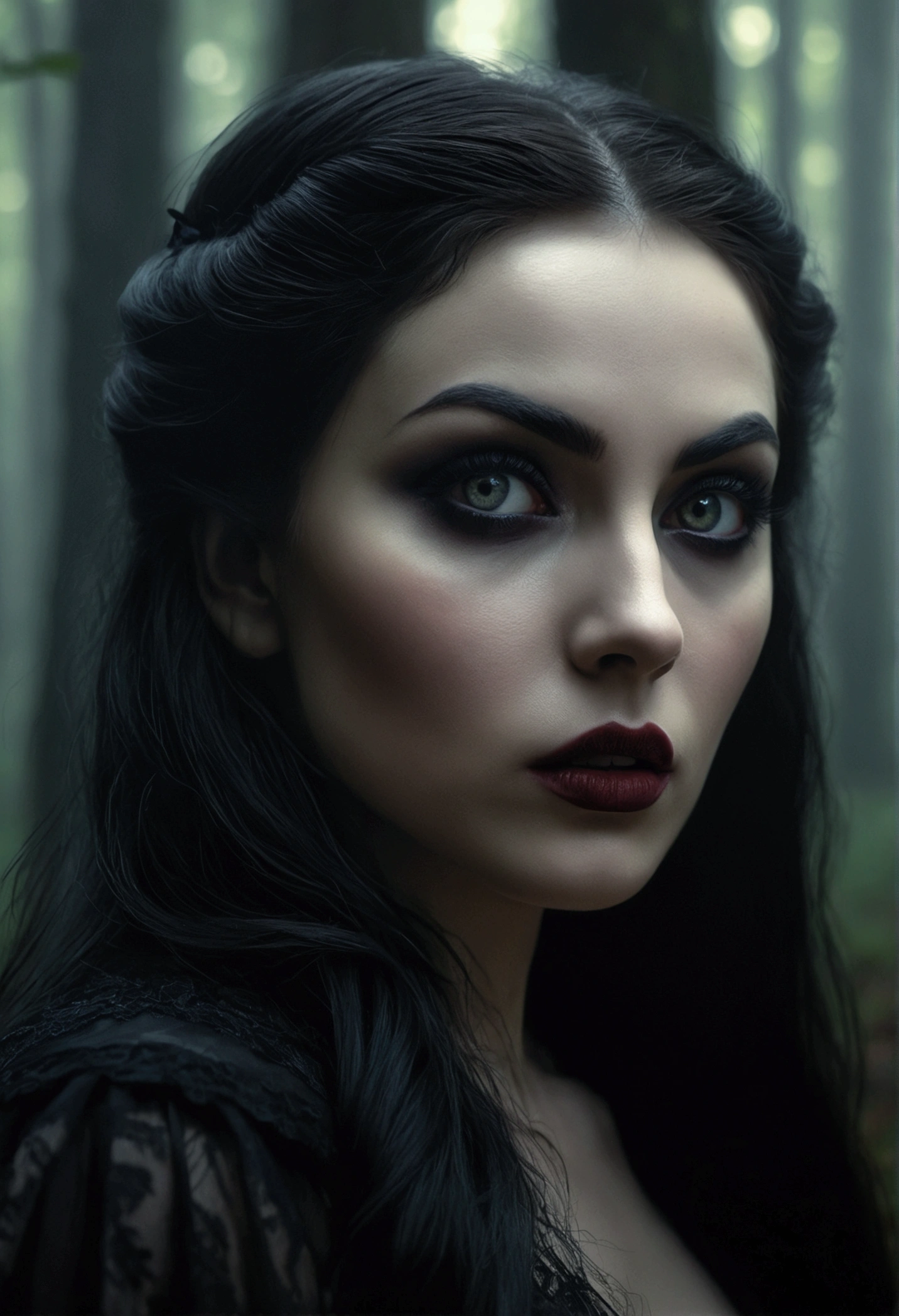 a woman in a large forest,fog around,shadow of a vampire,gothic style,beautiful detailed eyes,beautiful detailed lips,extremely detailed face and eyes,long eyelashes,elegant woman,dramatic lighting,dark moody atmosphere,dramatic shadows,dark and moody colors,dramatic lighting,cinematic composition,photorealistic,hyperrealistic,8k,highly detailed,masterpiece,best quality,ultra-detailed,intricate details