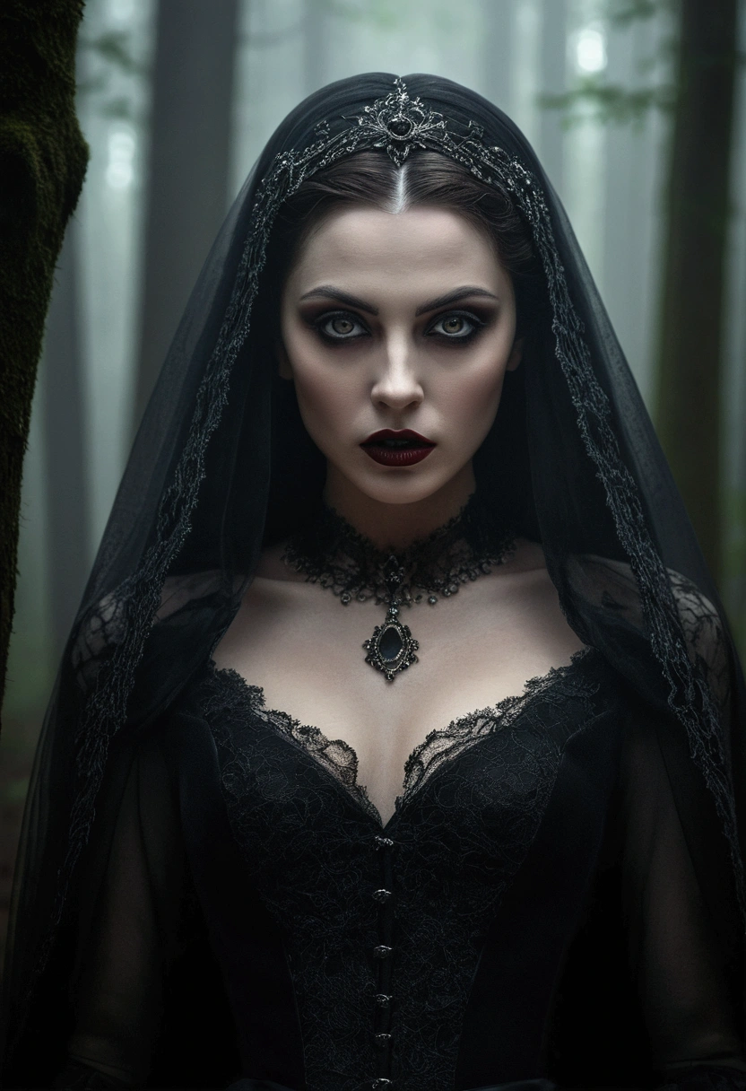 a woman in a large forest,fog around,shadow of a vampire,gothic style,beautiful detailed eyes,beautiful detailed lips,extremely detailed face and eyes,long eyelashes,elegant woman,dramatic lighting,dark moody atmosphere,dramatic shadows,dark and moody colors,dramatic lighting,cinematic composition,photorealistic,hyperrealistic,8k,highly detailed,masterpiece,best quality,ultra-detailed,intricate details