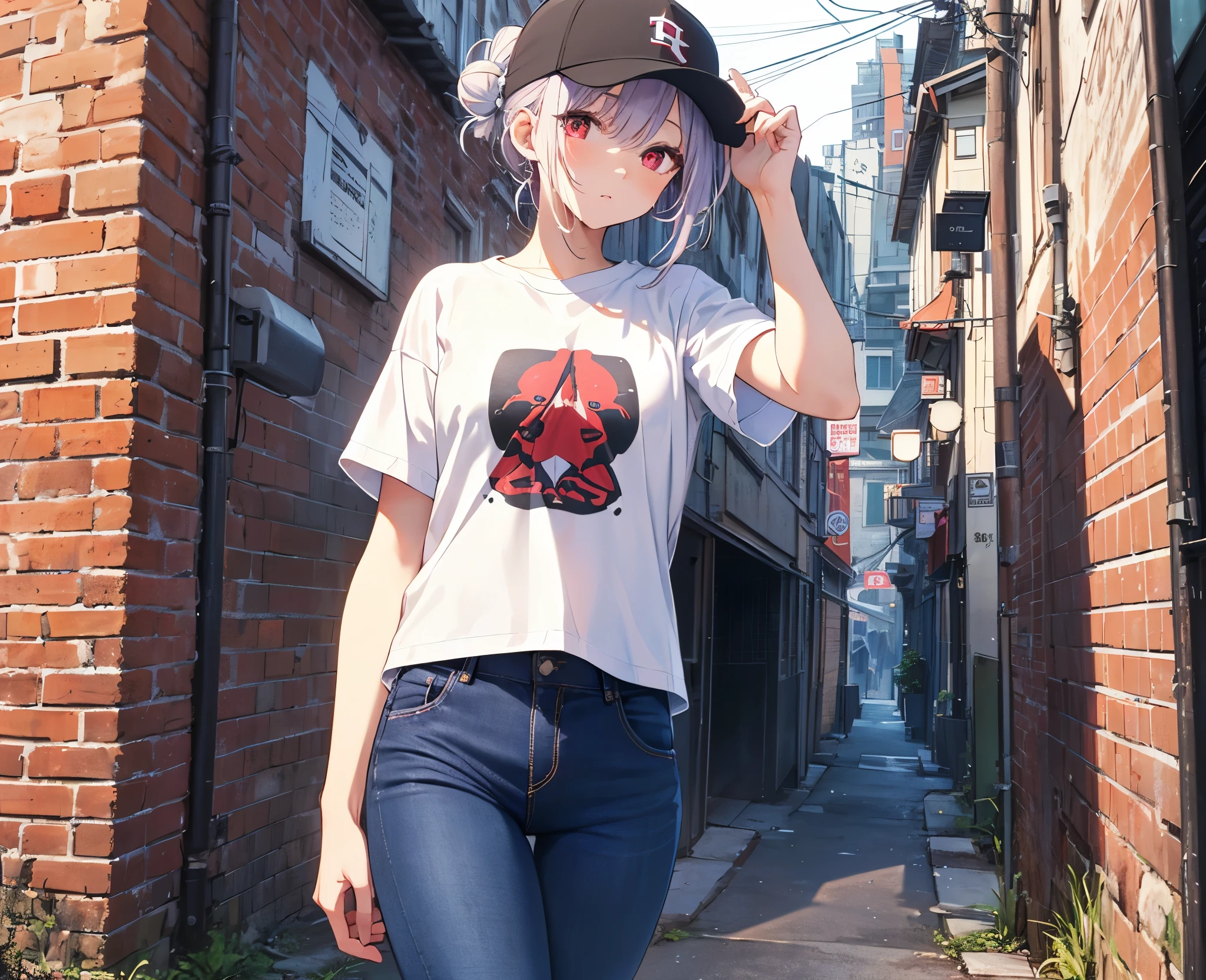 (Close-up:1.3),Realistic,Highest quality, Super detailed, High-quality CG rendering, The most delicate and beautiful, Floating softly, High resolution, (1 girl), (Highest quality,4K,8k,masterpiece:1.2), Light purple hair,(Hair in a bun:1.5),Red eyes,(Pure white oversized short sleeve T-shirt:1.3),(Black skinny jeans:1.3),(Pure white baseball cap:1.3),In the city,old buildings,Narrow Alley