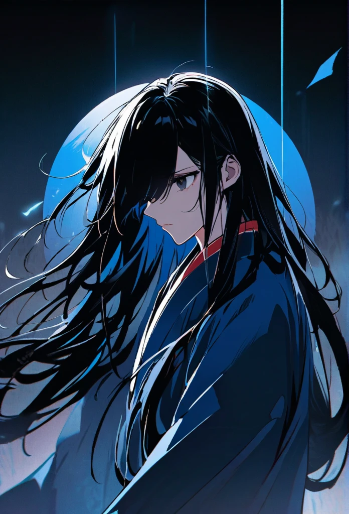 Japanese。male。Sharp black Eye。Very long black hair。profile。Plain blue kimono(Dressed in kimono)。A strong wind blows my hair back。Cover your eyes with hair。The background is blue light。Stand up straight。An illustration。picture。