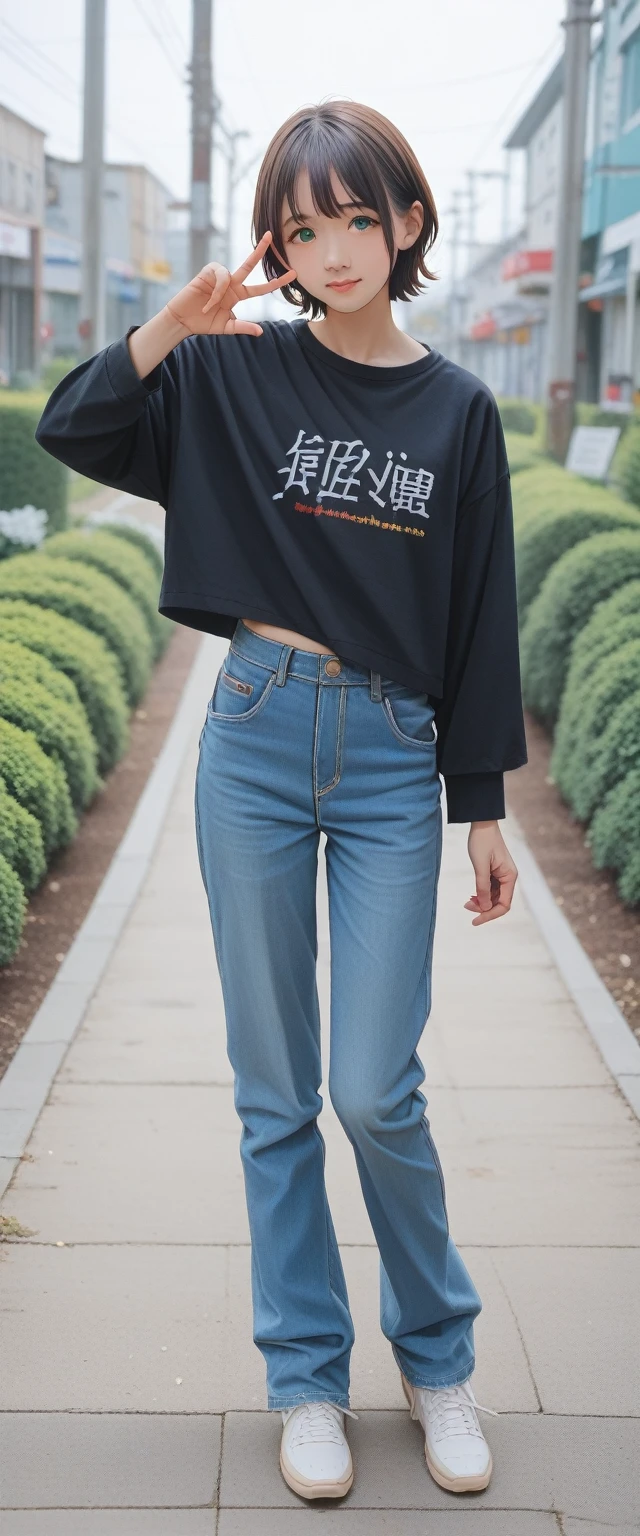 Anime Characters,A woman wearing a black long-sleeved shirt and blue jeans, Brown short hair, Neck length, Green Eyes, Figures inspired by Tomer Hanuka, Popular on Pixiv, Serial art, Heavy hand gesture style close-up, Full body details, Wear casual clothing, Style Anime, Anime style super detailed, anime style character, Eye-catching and detailed art style, realistic art style, Clean and detailed anime style, Modern anime style, Brown hair
