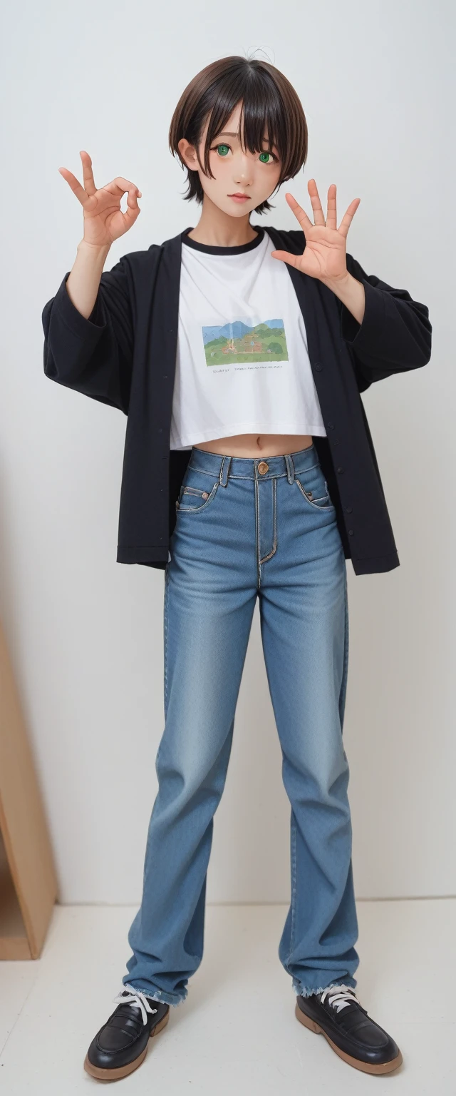 Anime Characters,A woman wearing a black long-sleeved shirt and blue jeans, Brown short hair, Neck length, Green Eyes, Figures inspired by Tomer Hanuka, Popular on Pixiv, Serial art, Heavy hand gesture style close-up, Full body details, Wear casual clothing, Style Anime, Anime style super detailed, anime style character, Eye-catching and detailed art style, realistic art style, Clean and detailed anime style, Modern anime style, Brown hair