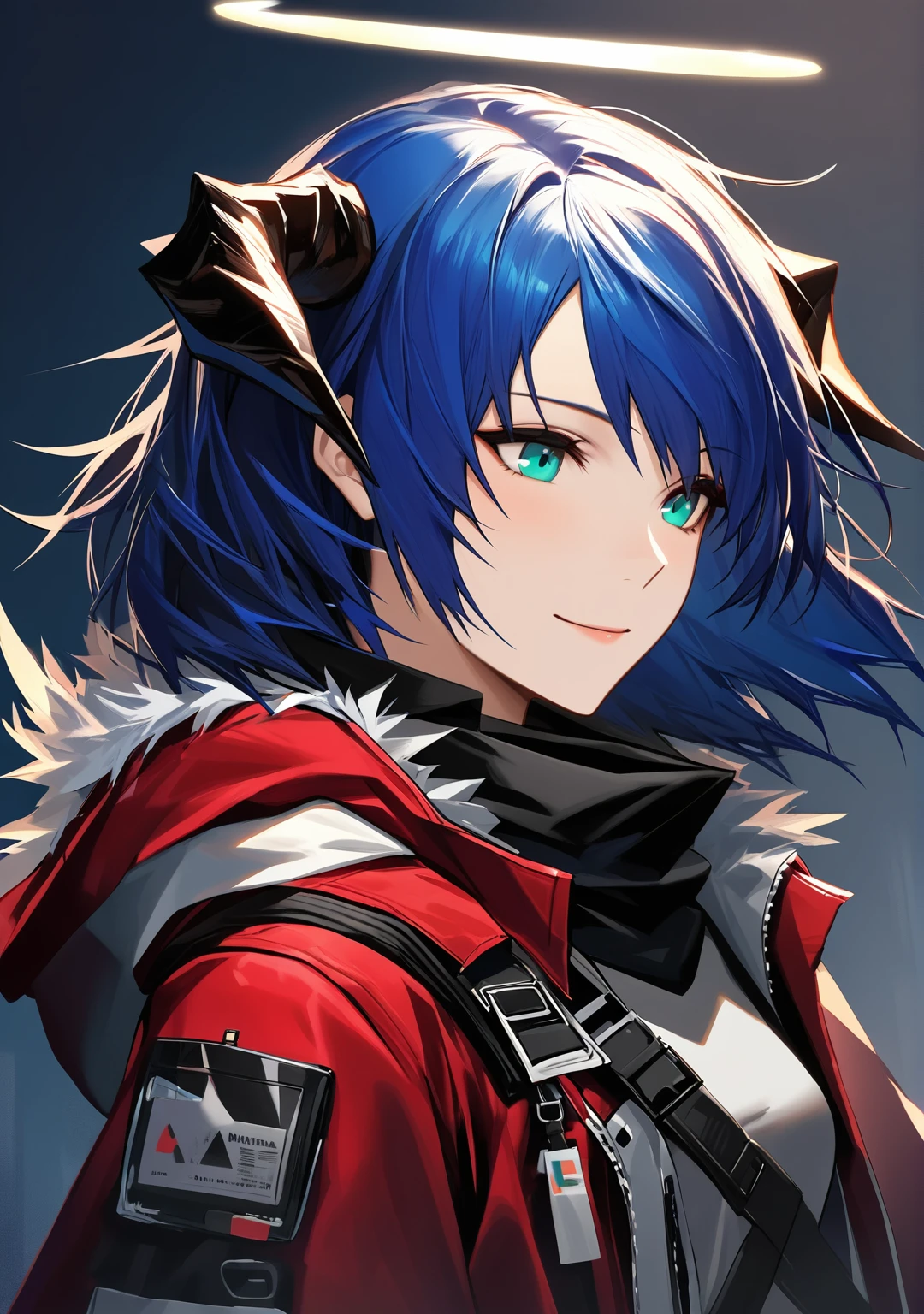 (woman), ((Mostima from arknights)), masterpiece, best quality, blue hair, ((short hair)), horns, plain white shirt, red fullbody coat, red hood, dark blue eyes, realistic anime style, smiling, ((portrait)), black gloves, carring a bag, halo.
